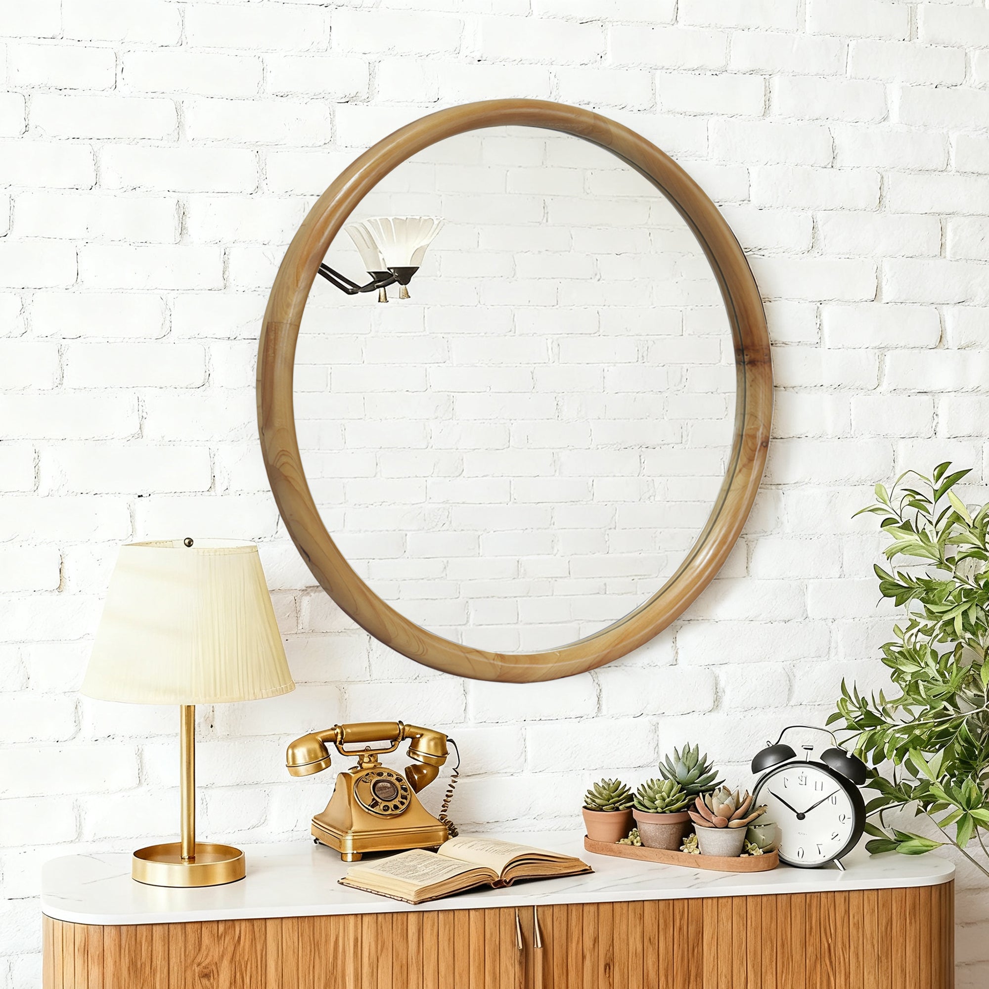 23.62" Round Wood Frame Wall Mirror Mid-Century Modern