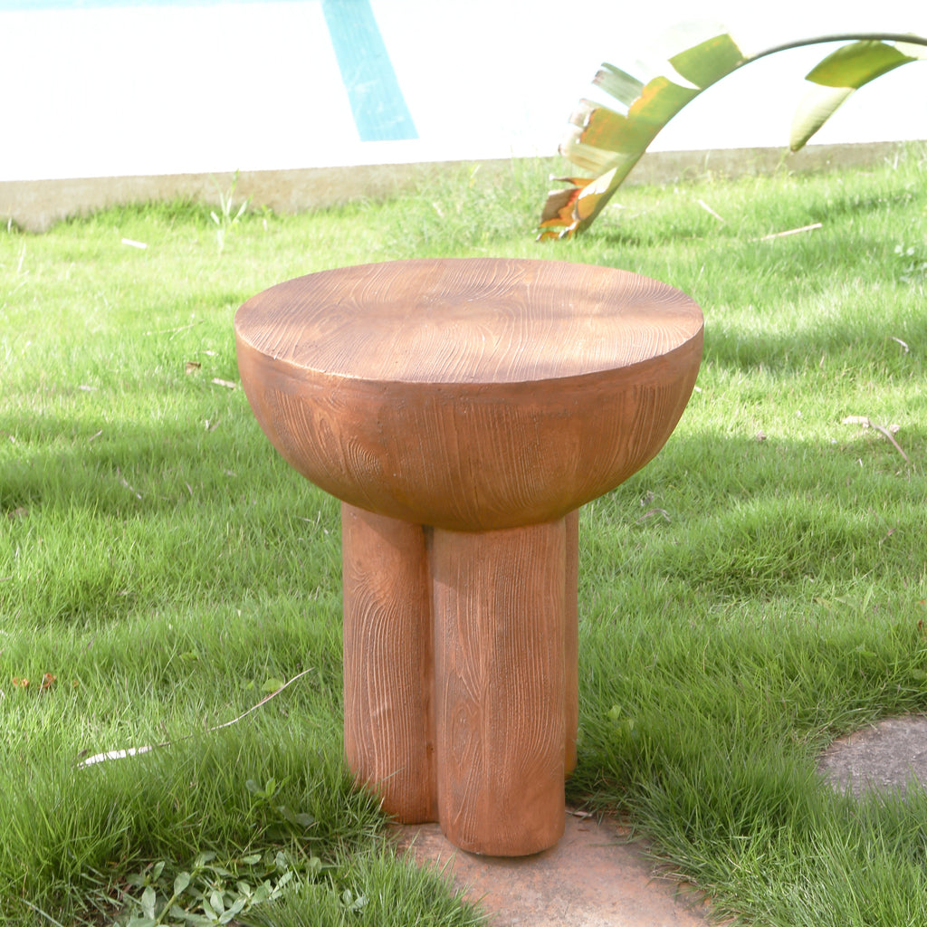 Iris Outdoor Round MGO Side Table Brown Wood-Grain Three-Leg