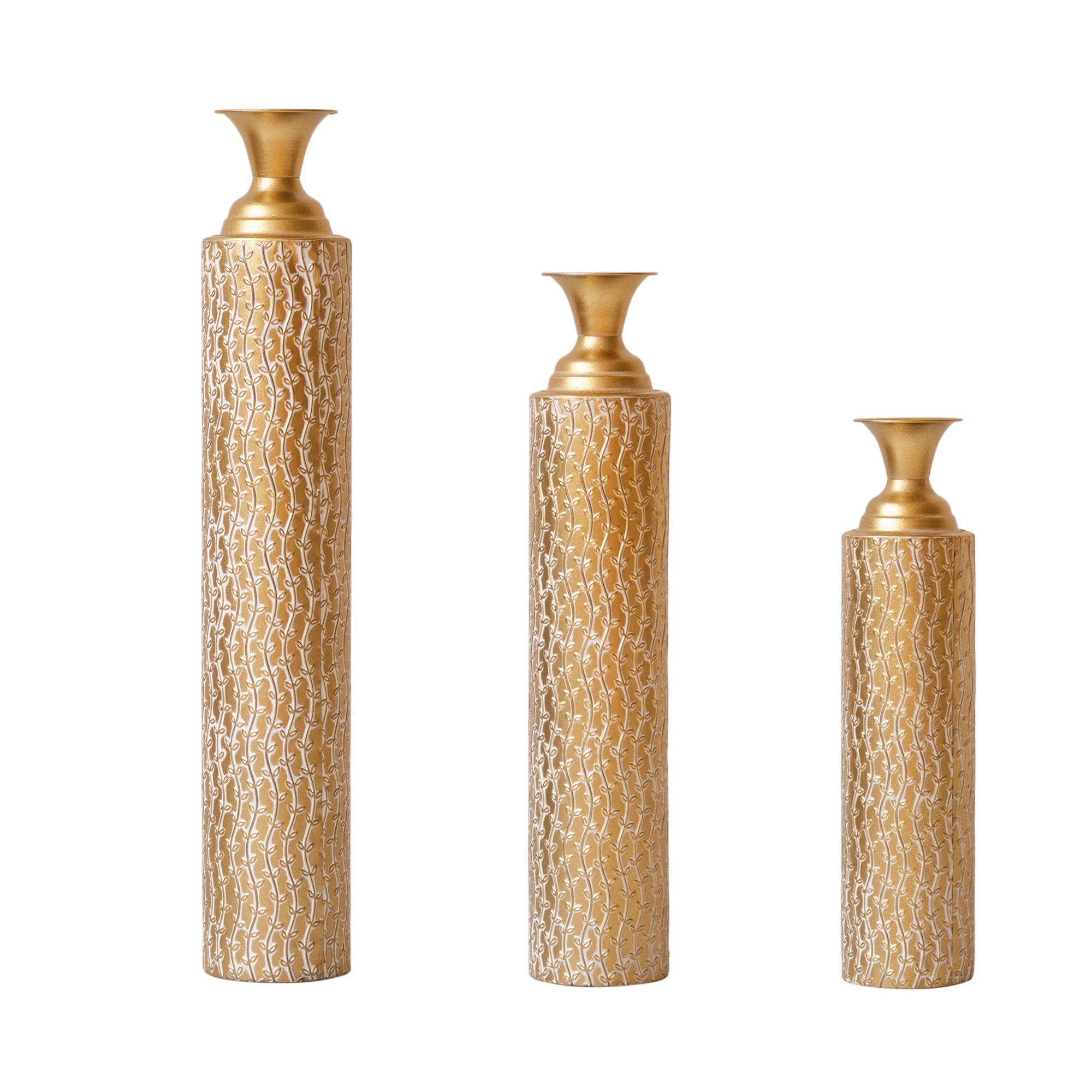 Set of 3 Gold Distressed Metal Vases with Vine Pattern 34
