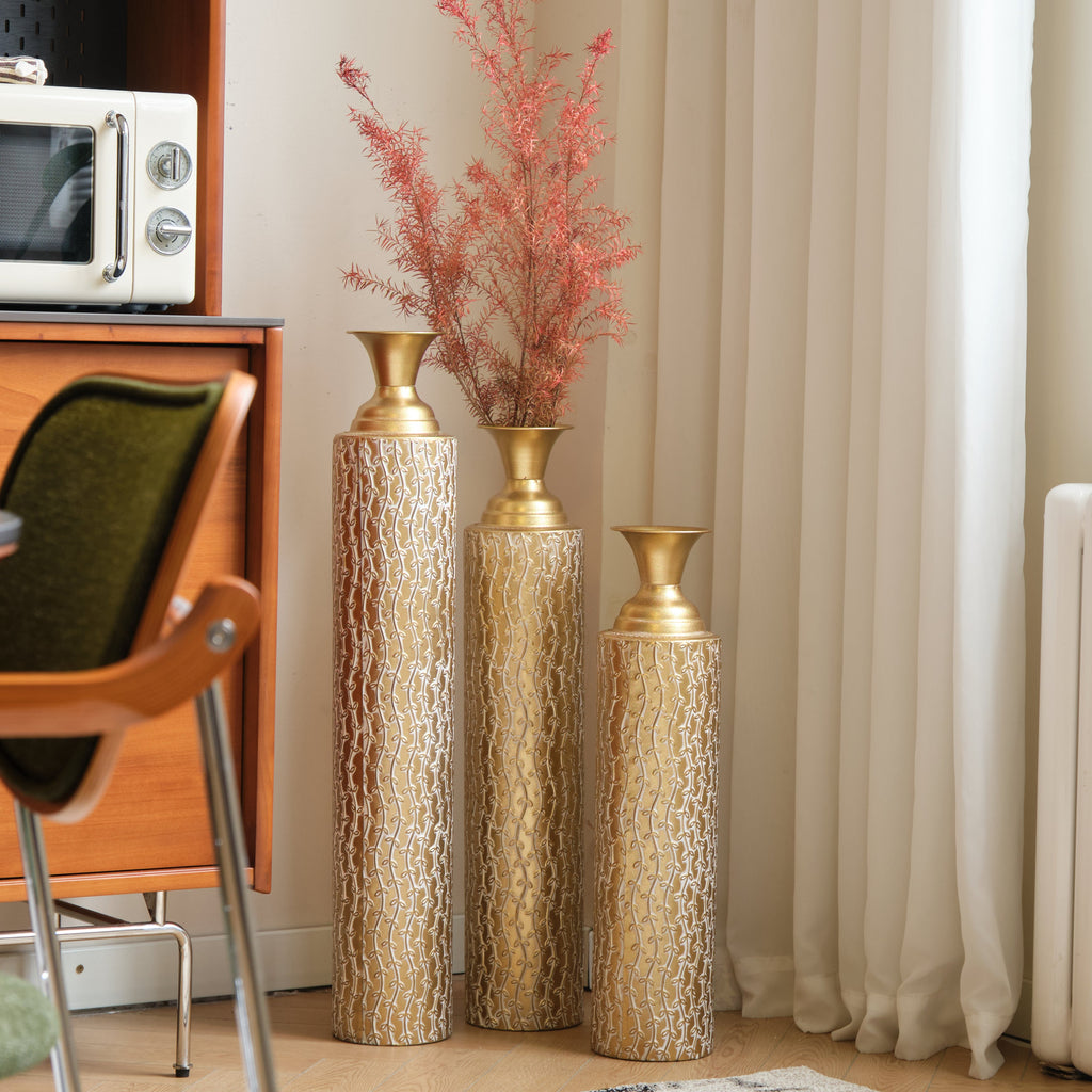 Set of 3 Gold Distressed Metal Vases with Vine Pattern 34