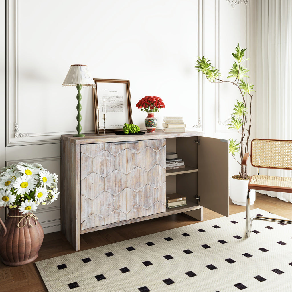 Farmhouse 3 Door Wooden Sideboard Cabinet Storage Natural Wood