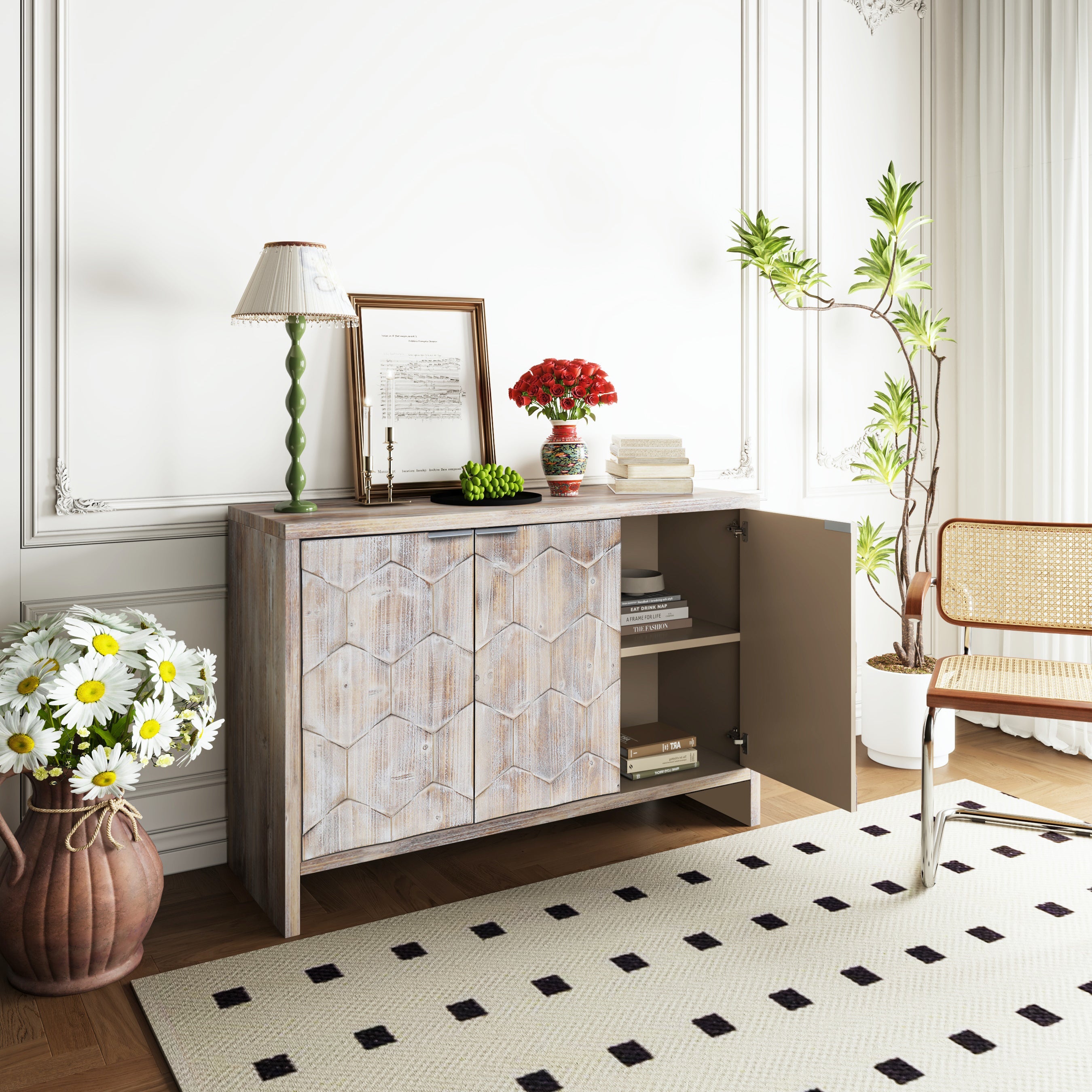 Farmhouse 3 Door Wooden Sideboard Cabinet Storage Natural Wood
