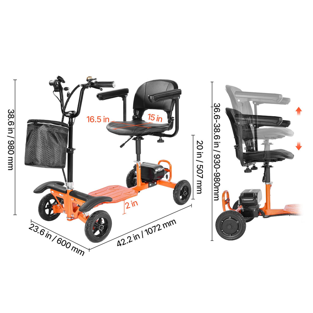 Mobility Scooter 4-Wheel Foldable Carbon Steel Orange 265 LB 48V Battery