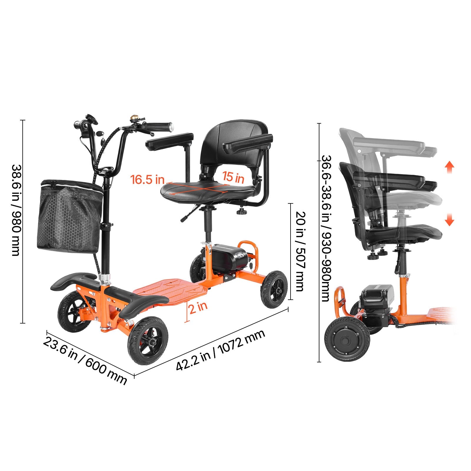 Mobility Scooter 4-Wheel Foldable Carbon Steel Orange 265 LB 48V Battery