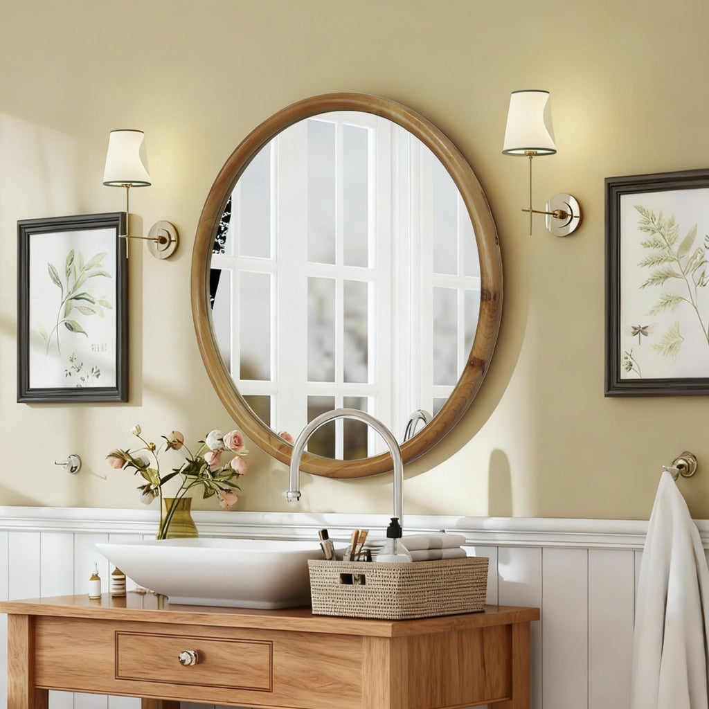 23.62" Round Wood Frame Wall Mirror Mid-Century Modern