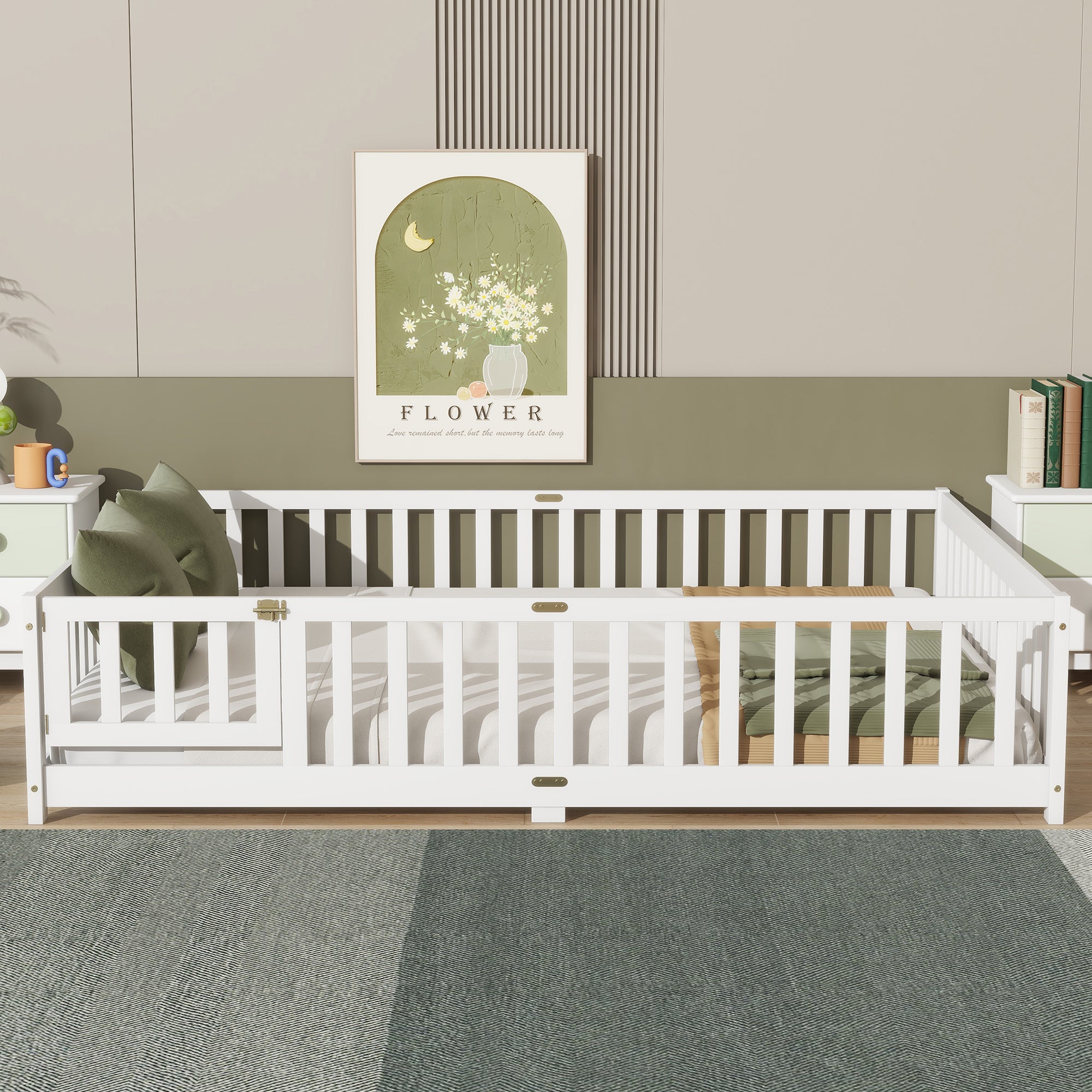 Queen Size Floor Bed with Safety Guardrails and Door