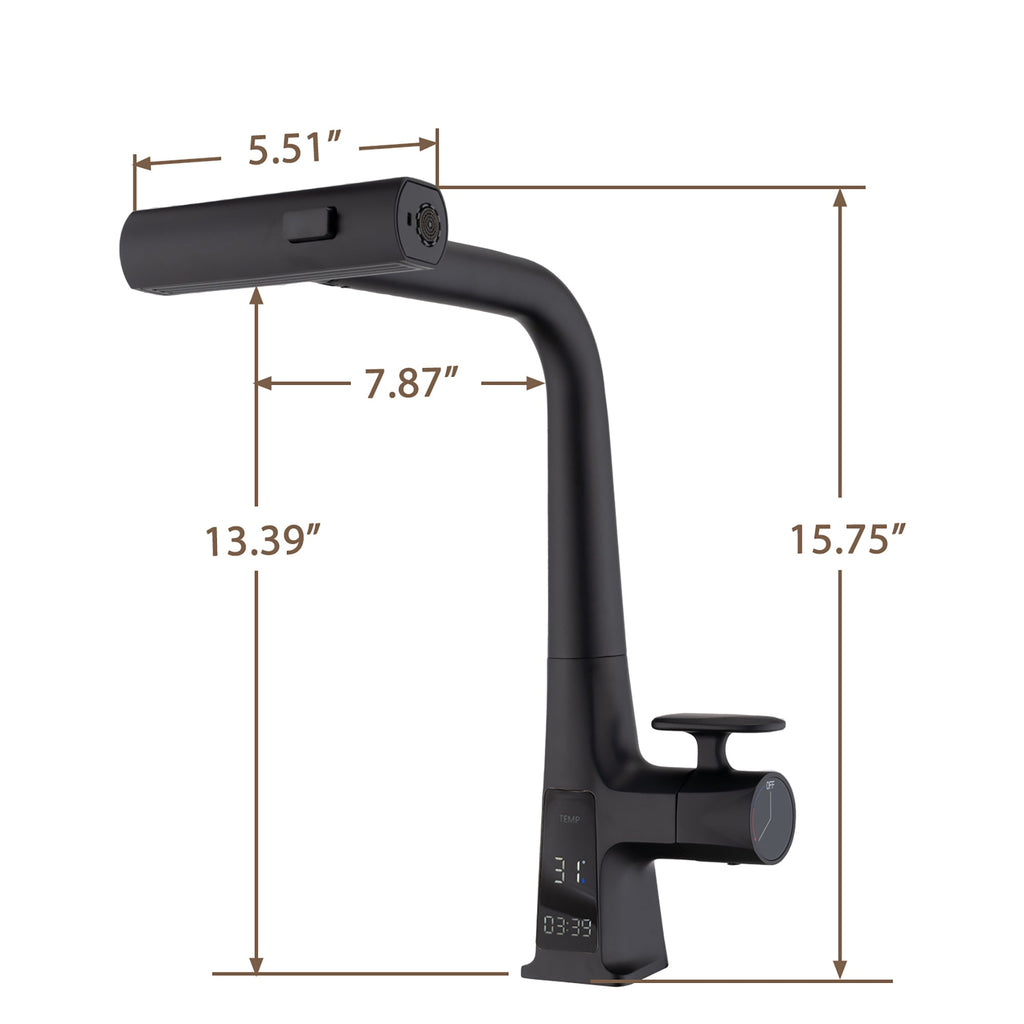 Matte Black Waterfall Kitchen Faucet Pull Down Sprayer 15.75