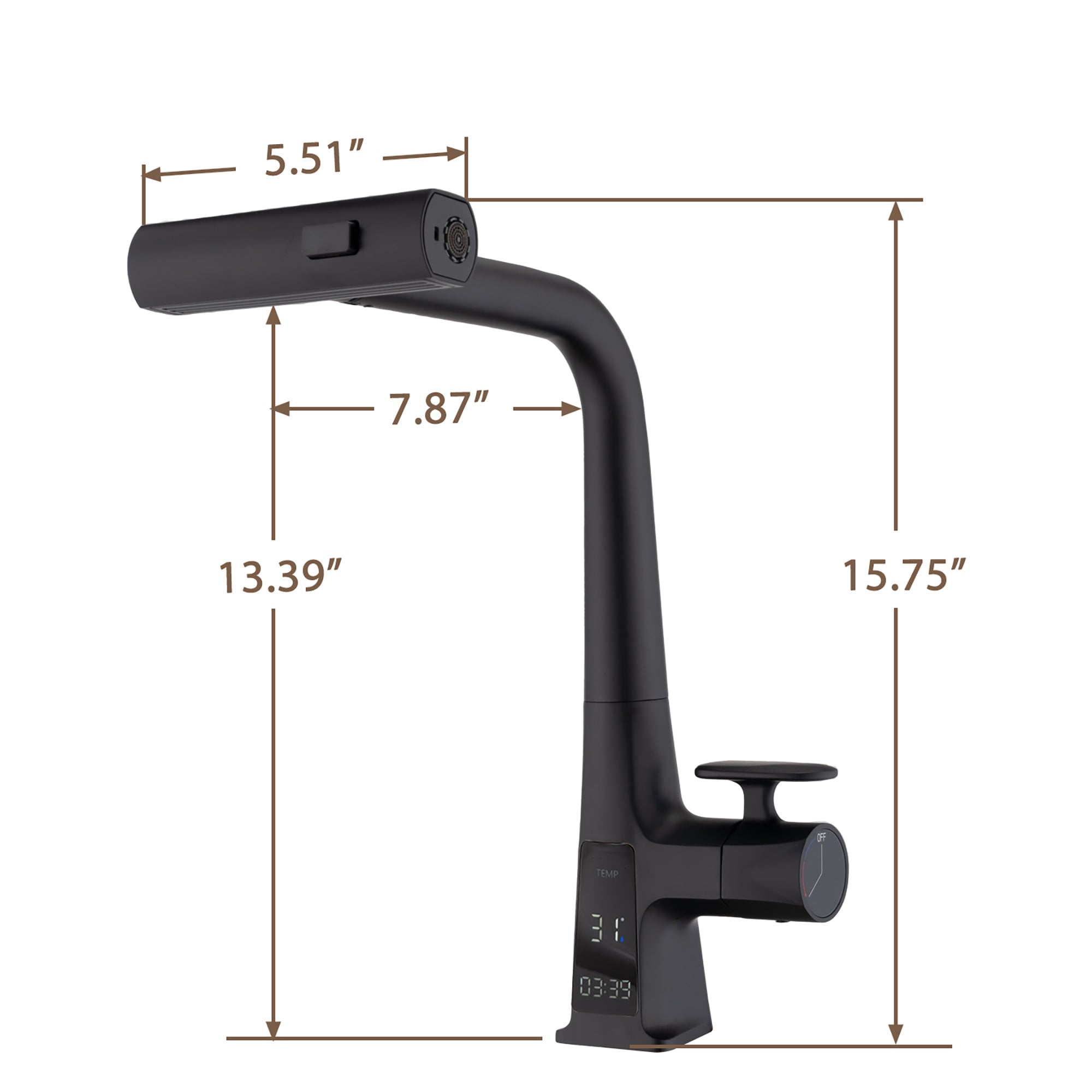 Matte Black Waterfall Kitchen Faucet Pull Down Sprayer 15.75