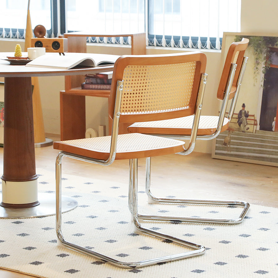 Set of 2 Rattan Side Chairs with Chrome Legs, Mid Century Modern