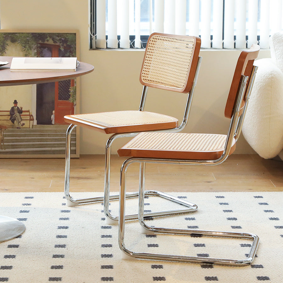 Set of 2 Rattan Side Chairs with Chrome Legs, Mid Century Modern