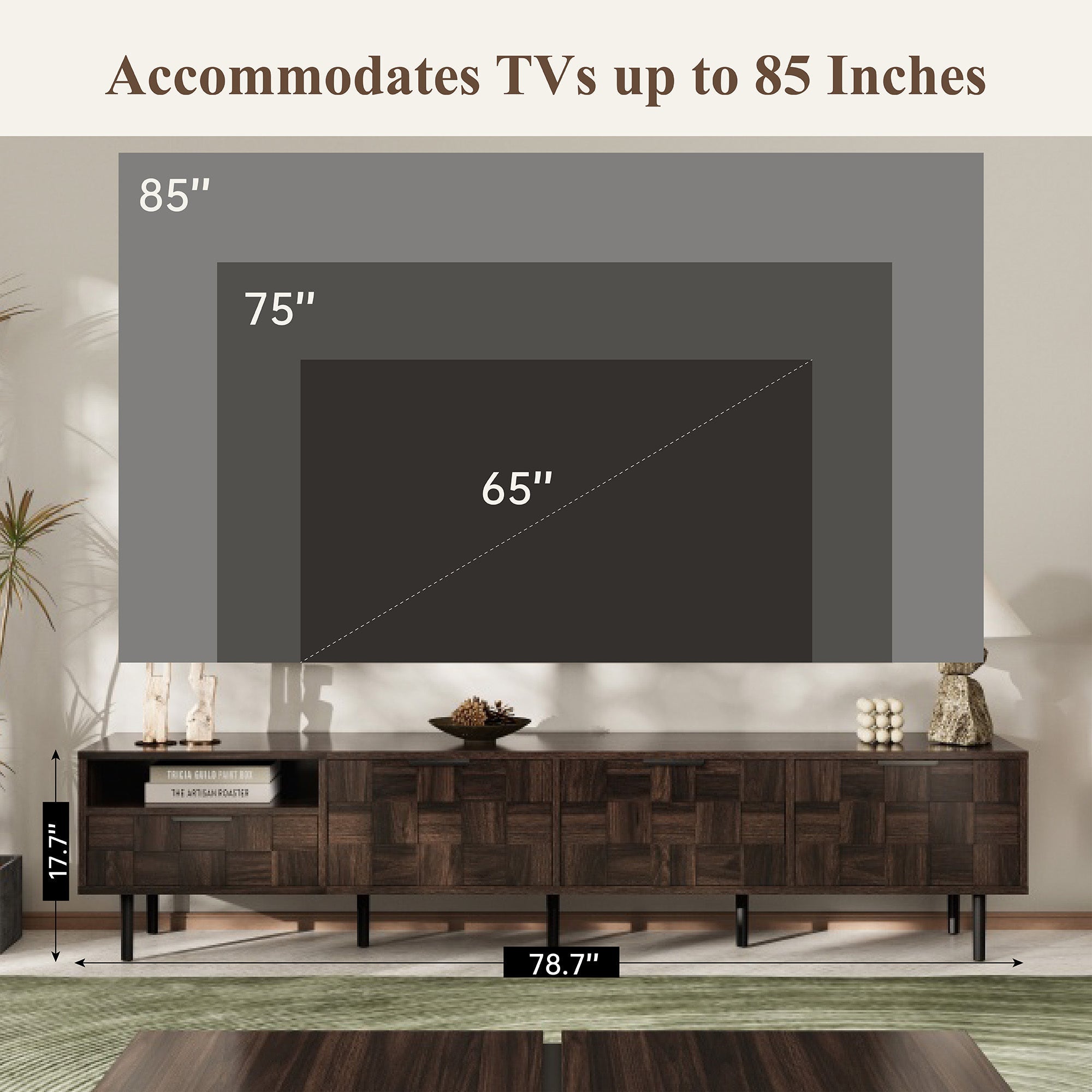 TV Stand Mid-Century Walnut MDF Soft-Close Doors Fits 85 In TV 78.7 In