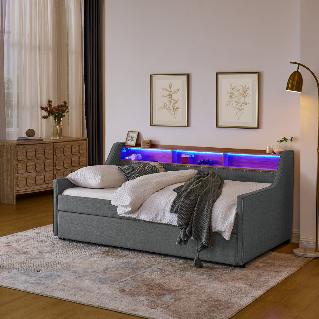 Grey Linen Twin Sofa Bed LED Lights Storage Headboard