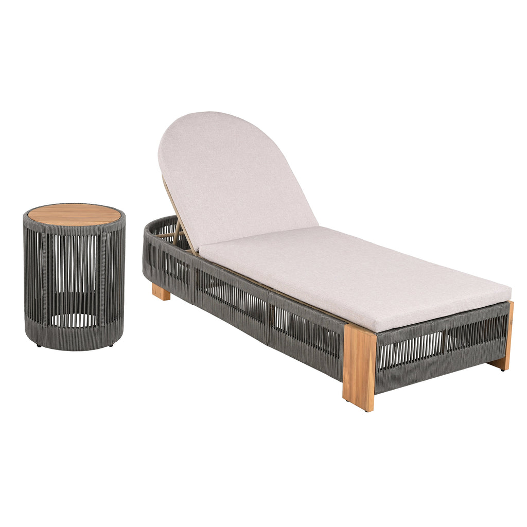 Outdoor Rope Chaise Lounge Set, Adjustable Backrest, Teak Table
