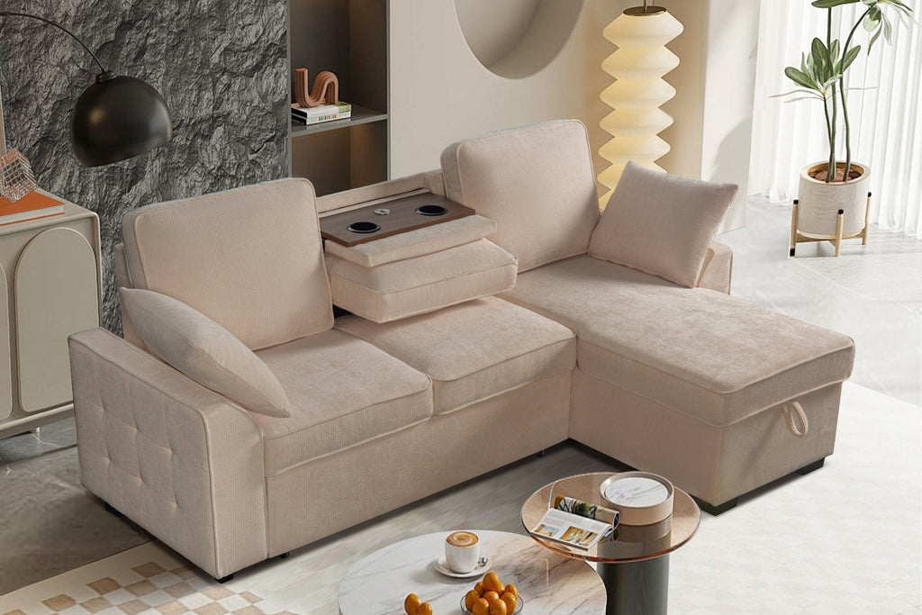 Sectional Sofa with Chaise, Cup Holder Tray & Storage