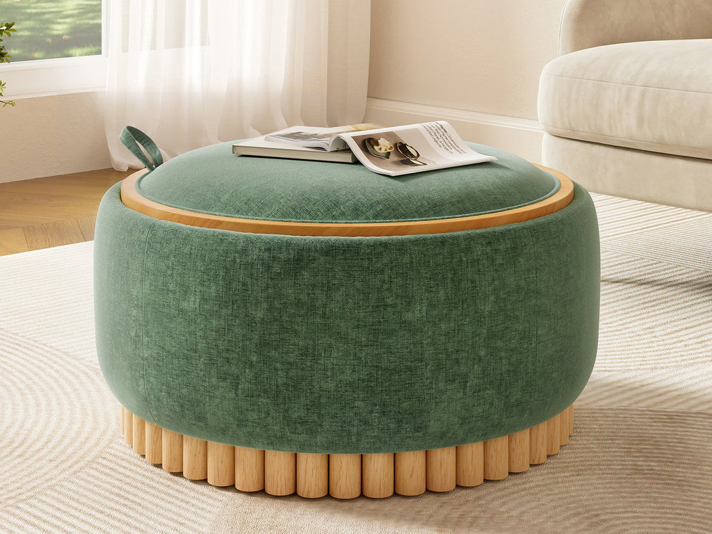 29 Inch Round Storage Ottoman Solid Rubberwood Legs Chenille, Green