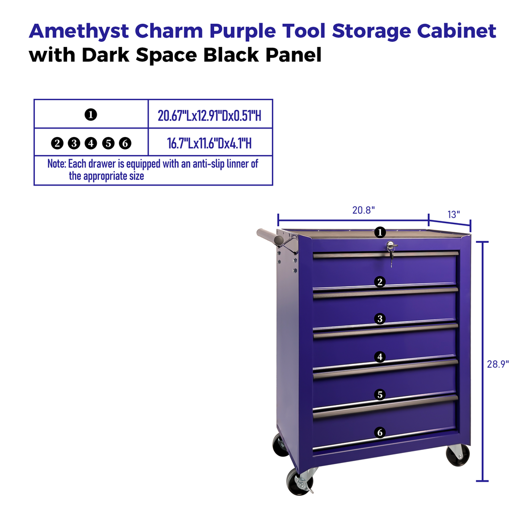 5-Drawer Rolling Metal Tool Chest Cabinet, Purple Steel Storage
