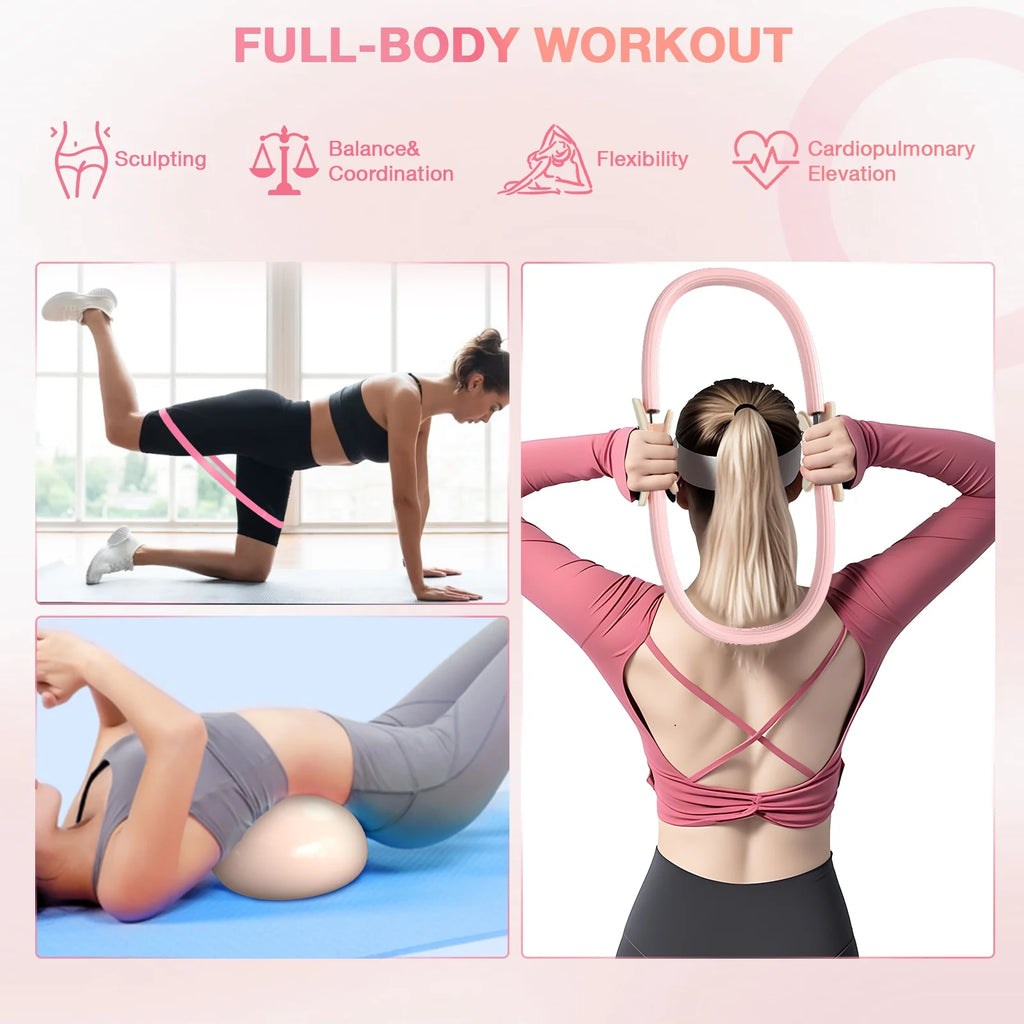 14" Pilates Ring Set Fitness Circle w/ Mini Ball Resistance Bands Workout