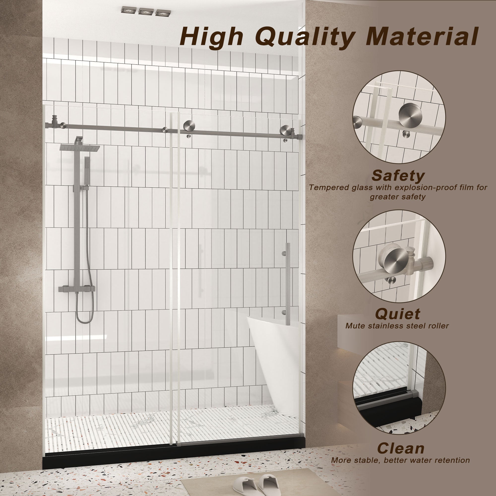 Frameless Shower Door 44-48" W x 76" H Tempered Glass