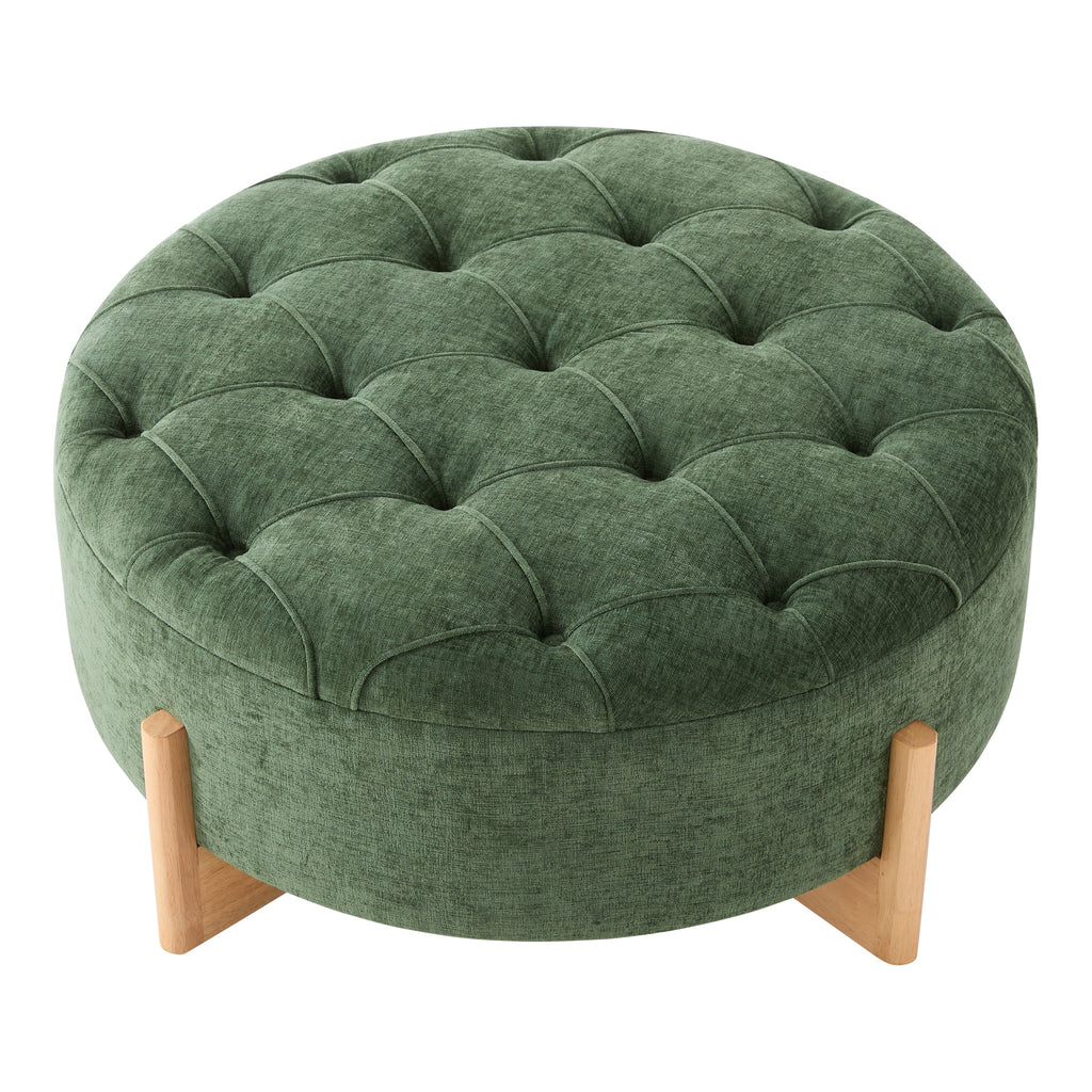32' Round Tufted Ottoman with Solid Wood Legs, Chenille Fabric Footrest
