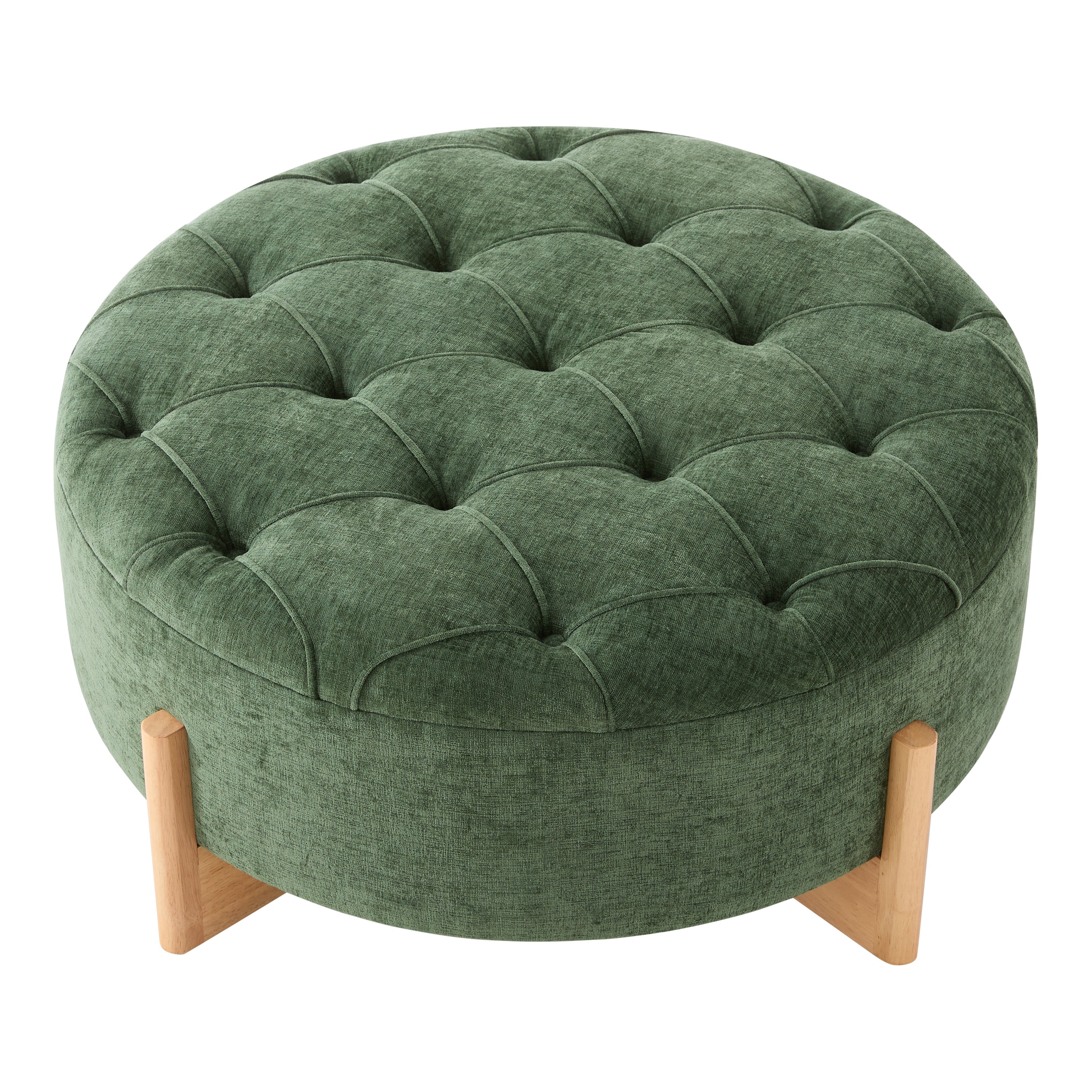 32' Round Tufted Ottoman with Solid Wood Legs, Chenille Fabric Footrest