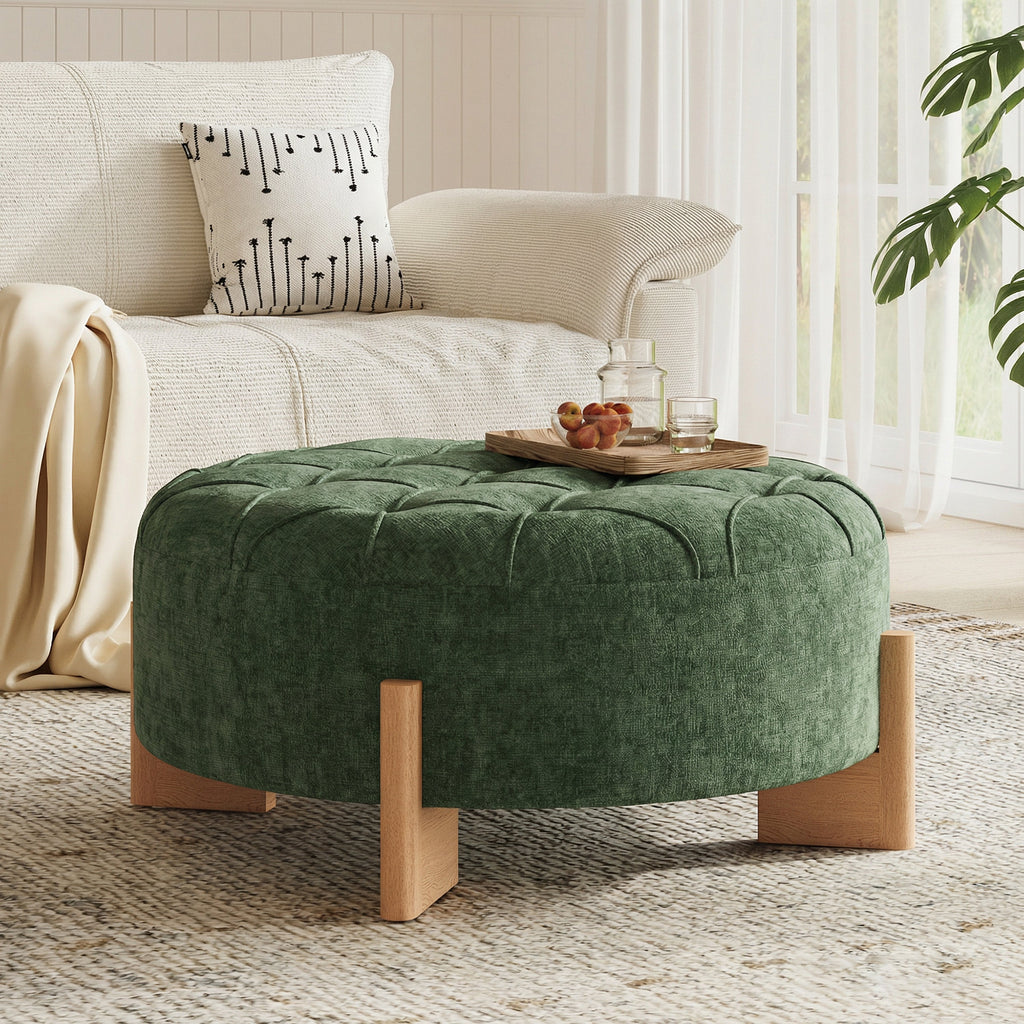 32' Round Tufted Ottoman with Solid Wood Legs, Chenille Fabric Footrest