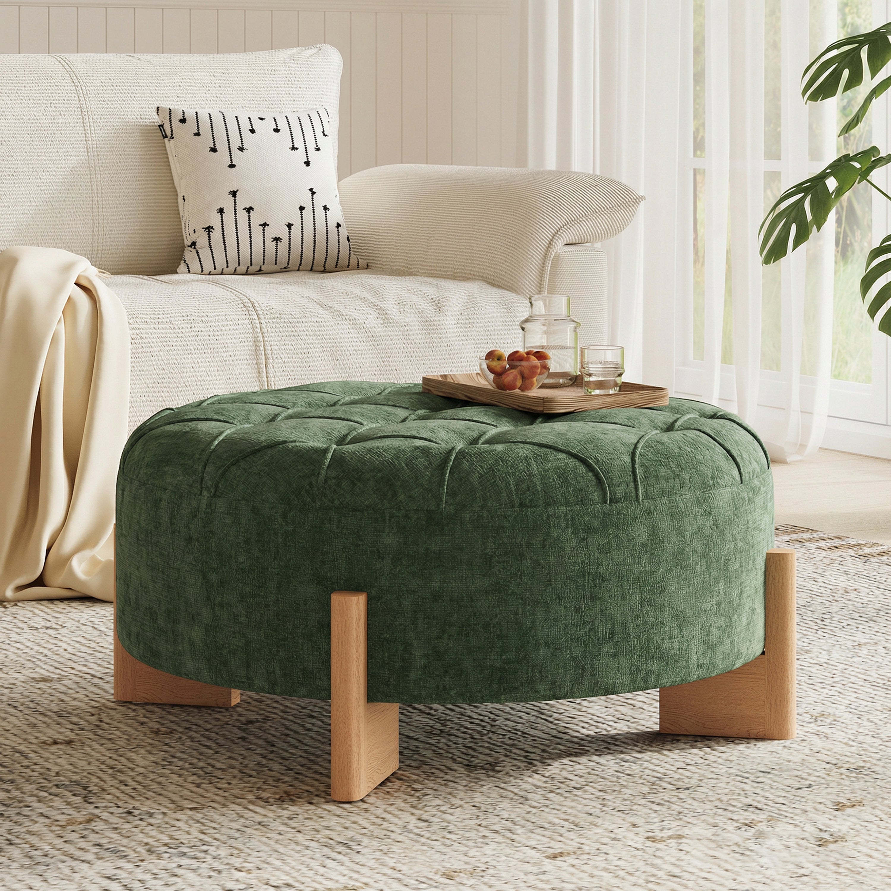 32' Round Tufted Ottoman with Solid Wood Legs, Chenille Fabric Footrest
