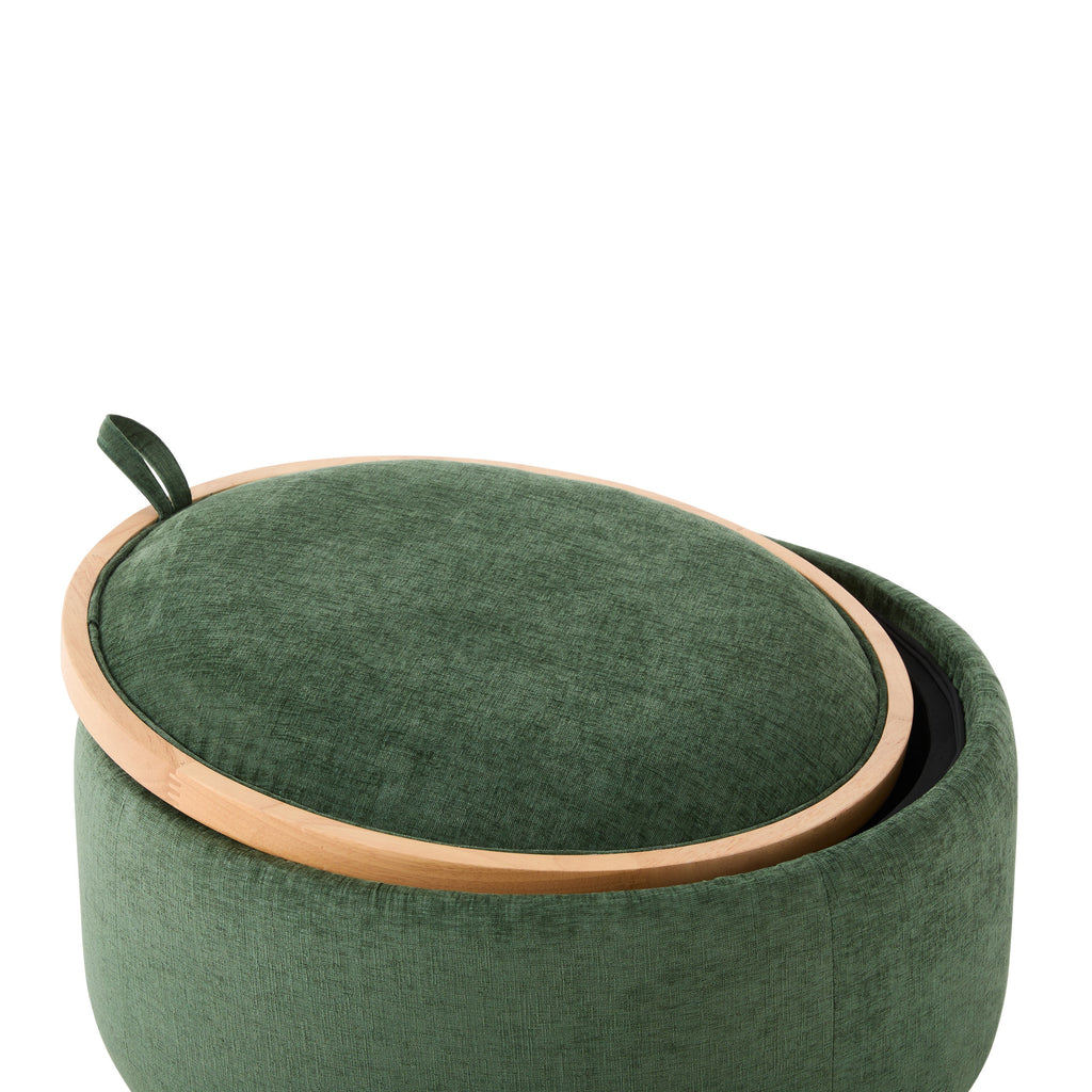 29 Inch Round Storage Ottoman Solid Rubberwood Legs Chenille, Green