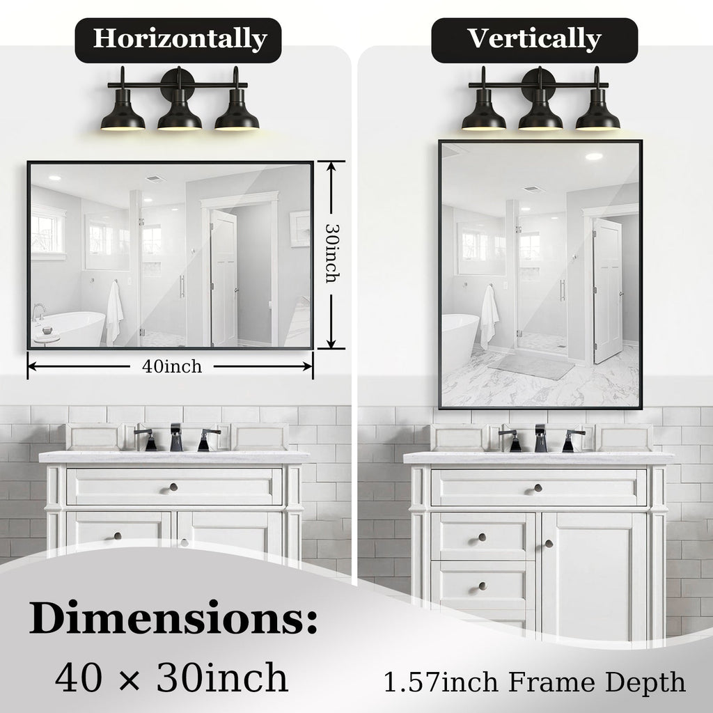 40x30" Glossy Black Bathroom Vanity Mirror Rectangle Wall Mount