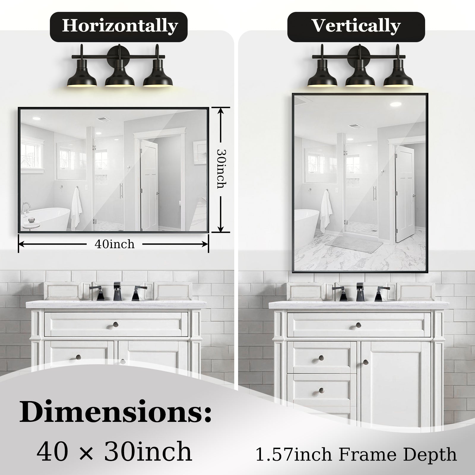 40x30" Glossy Black Bathroom Vanity Mirror Rectangle Wall Mount
