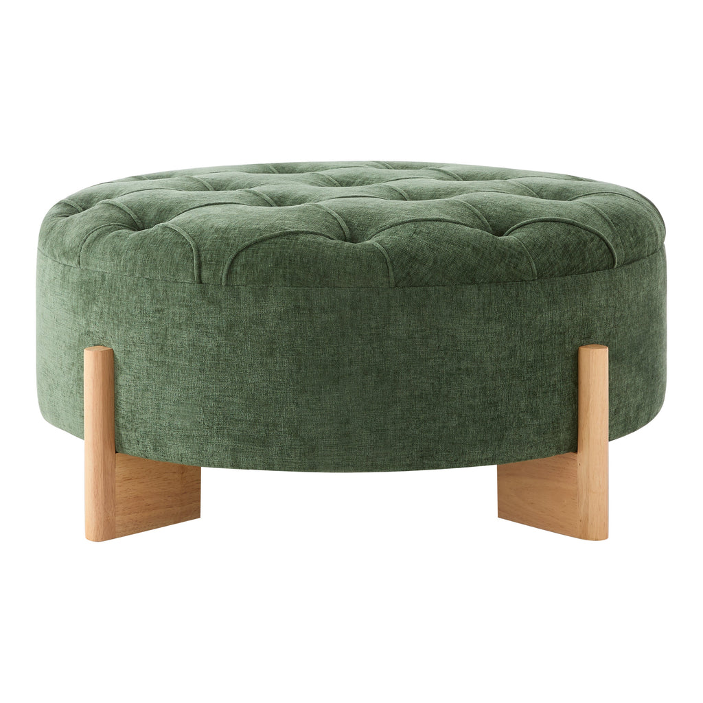 32' Round Tufted Ottoman with Solid Wood Legs, Chenille Fabric Footrest