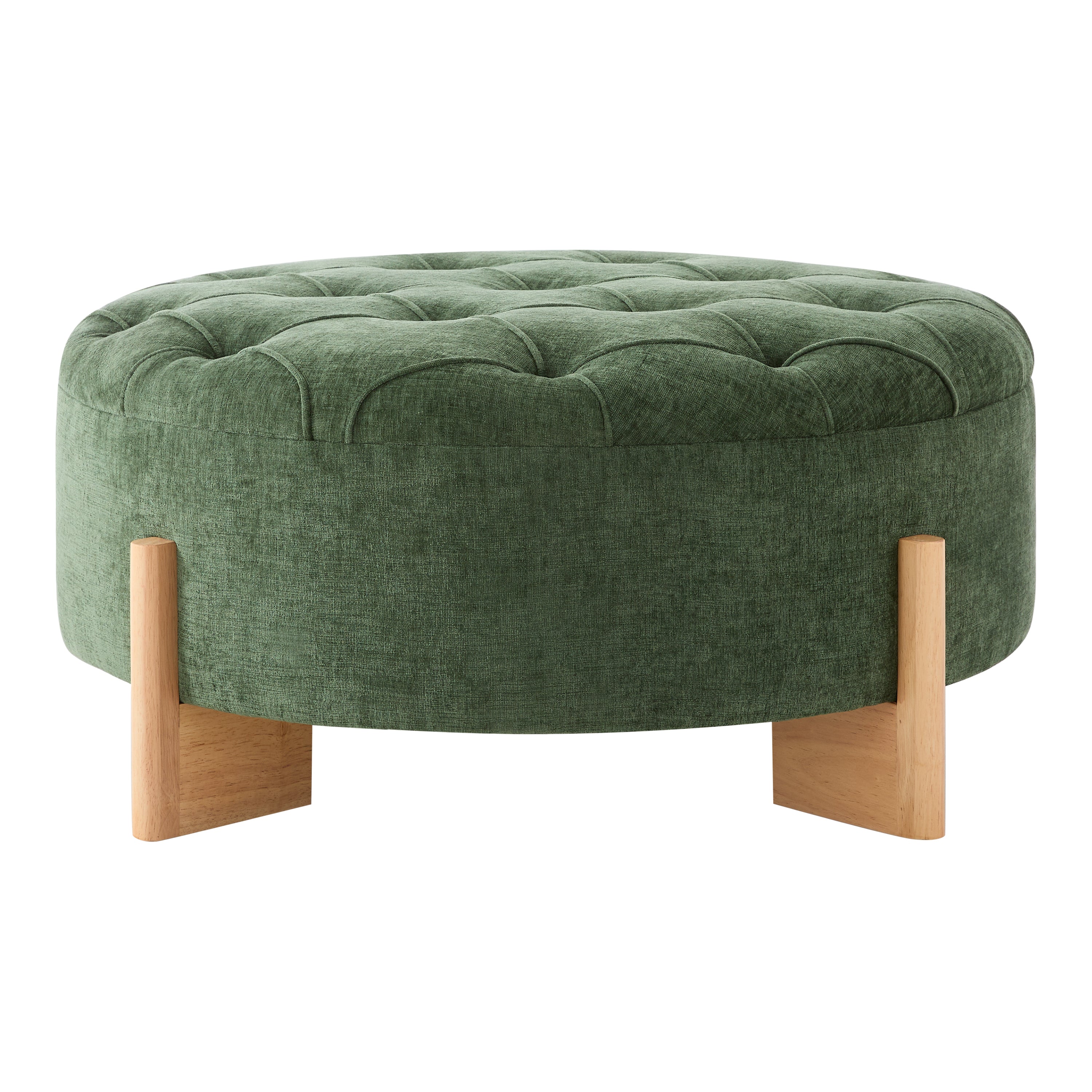 32' Round Tufted Ottoman with Solid Wood Legs, Chenille Fabric Footrest