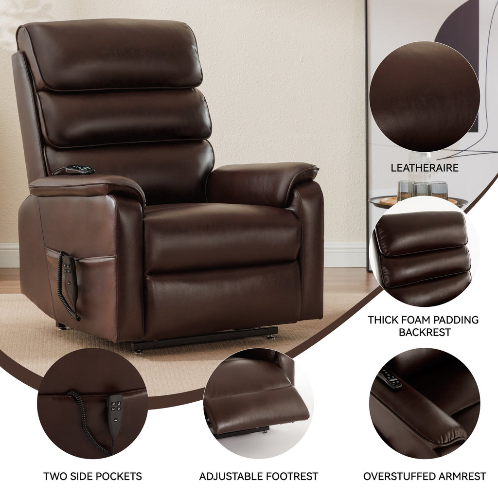 Brown Leather Power Lift Recliner Chair 350 LBS Heat Massage