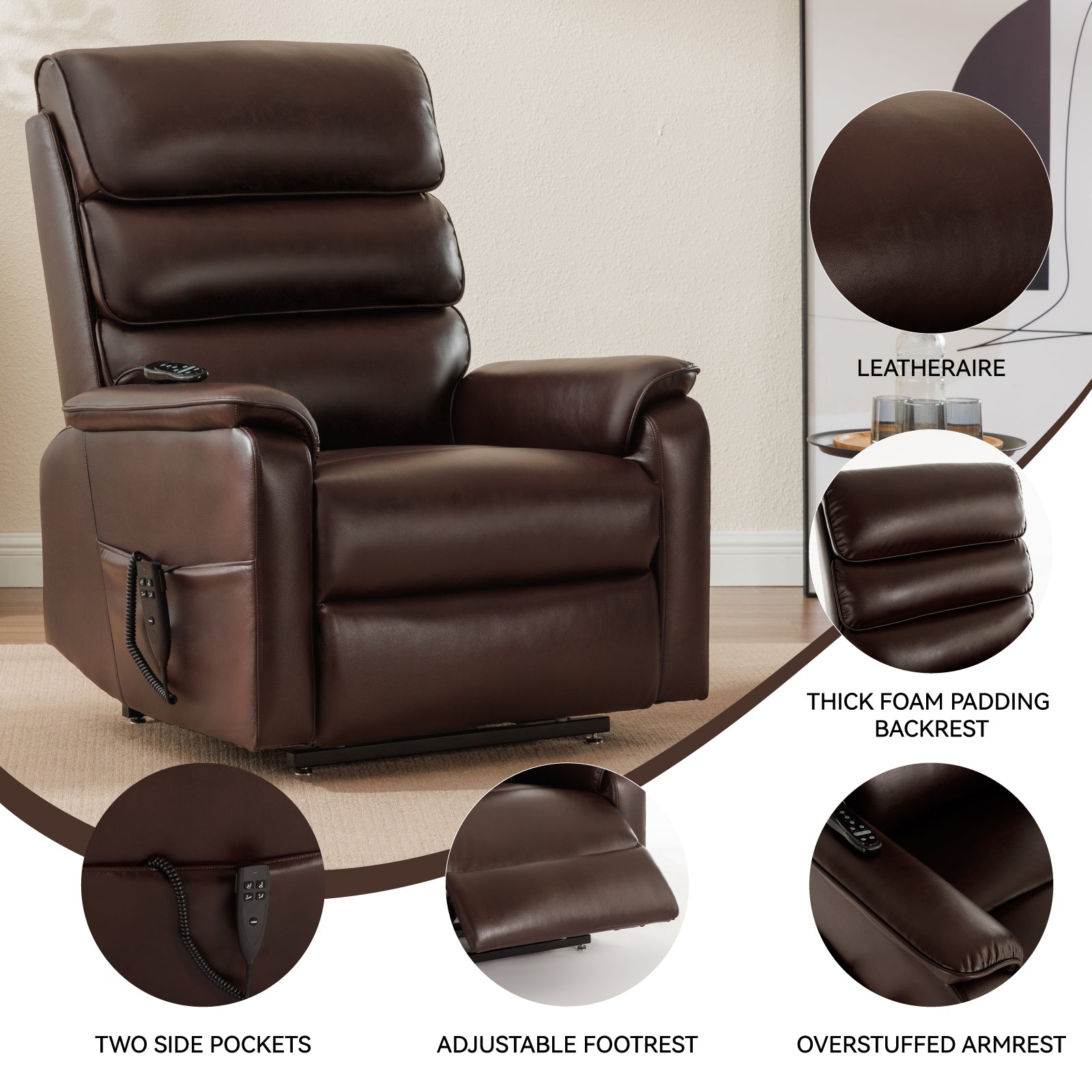 Brown Leather Power Lift Recliner Chair 350 LBS Heat Massage