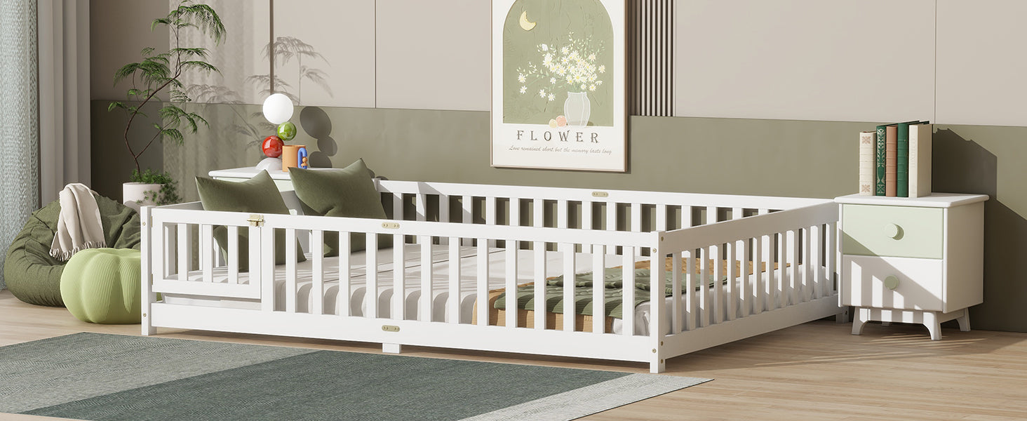 Queen Size Floor Bed with Safety Guardrails and Door