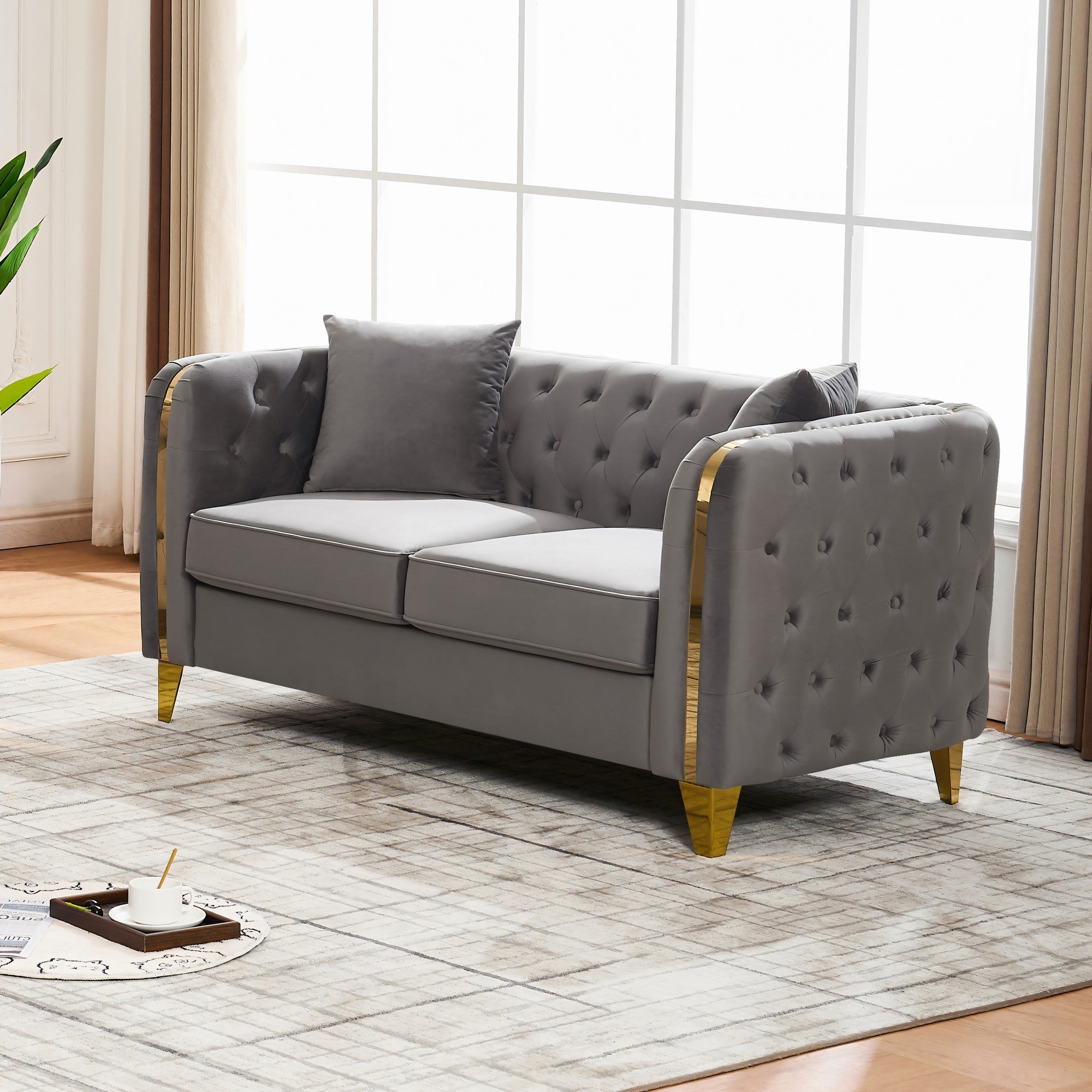 61" Velvet Button Tufted Chesterfield Loveseat Sofa Gold Legs