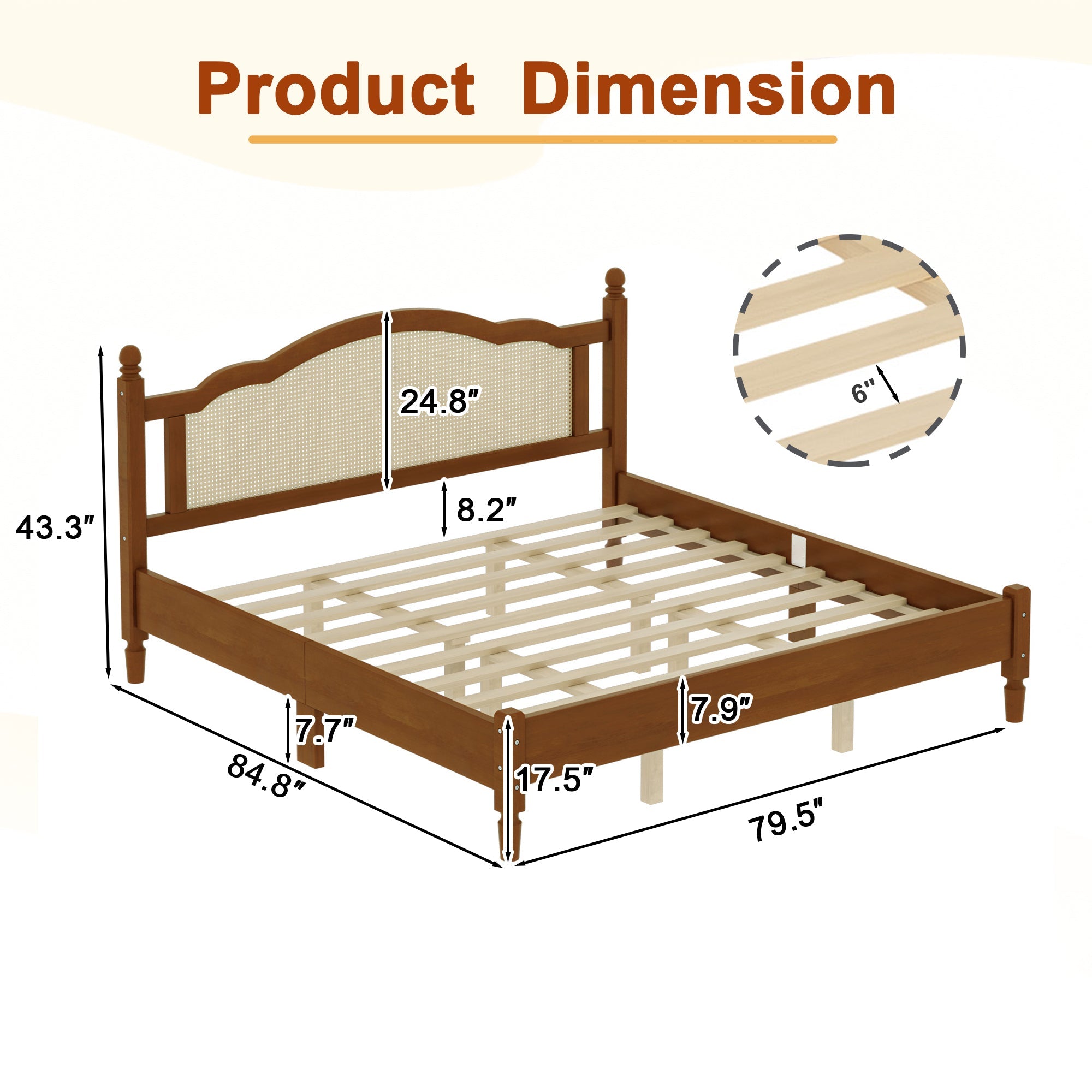 King Size Walnut Wooden Platform Bed with Rattan Headboard
