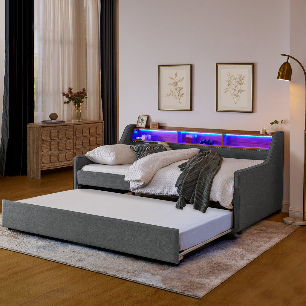 Grey Linen Twin Sofa Bed LED Lights Storage Headboard