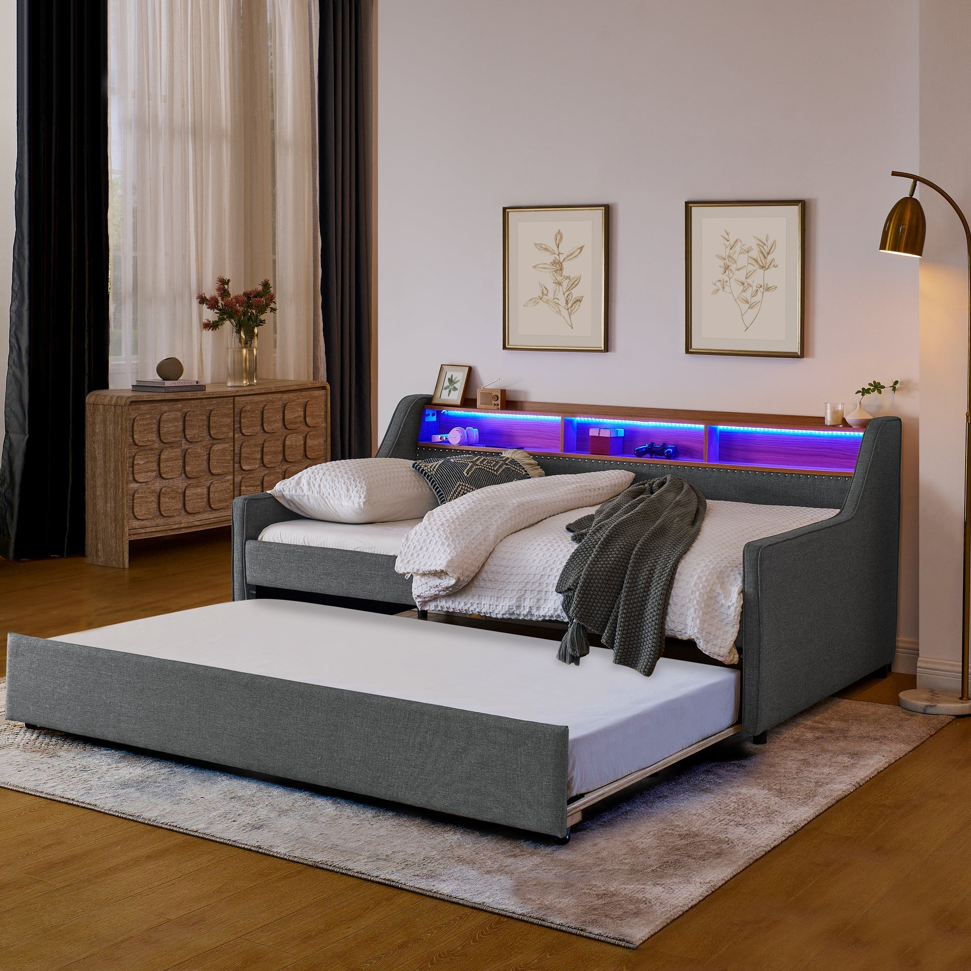 Grey Linen Twin Sofa Bed LED Lights Storage Headboard
