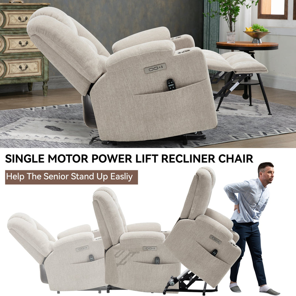Power Lift Recliner Chair Massage Heat USB Ports Beige
