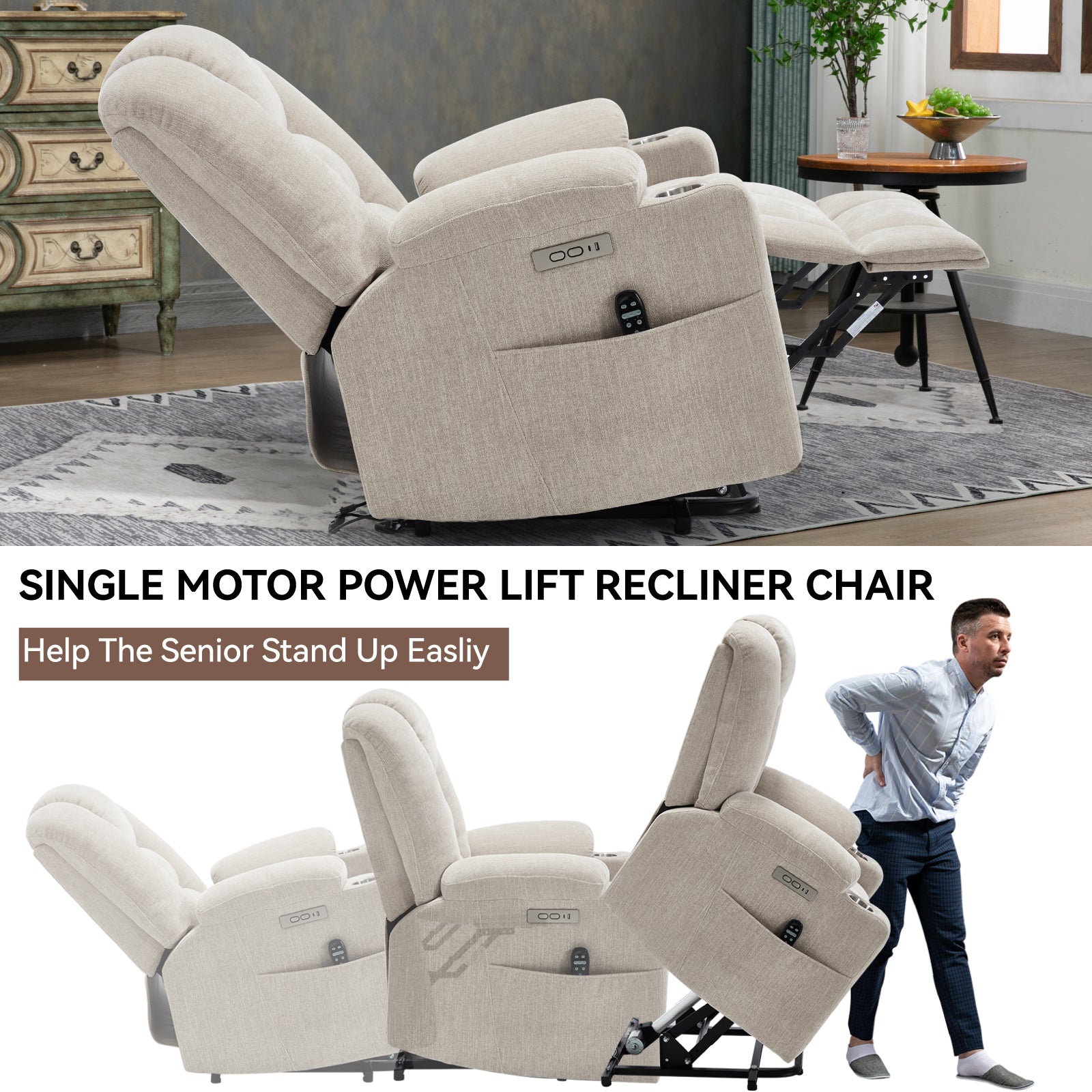 Power Lift Recliner Chair Massage Heat USB Ports Beige