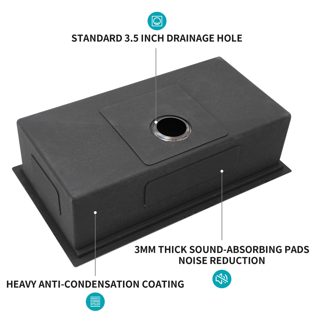 33x19x10 Gunmetal Black Stainless Steel Single Bowl Undermount Sink