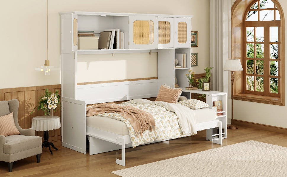 Murphy Bed with Desk and Rattan Cabinets, Warm White