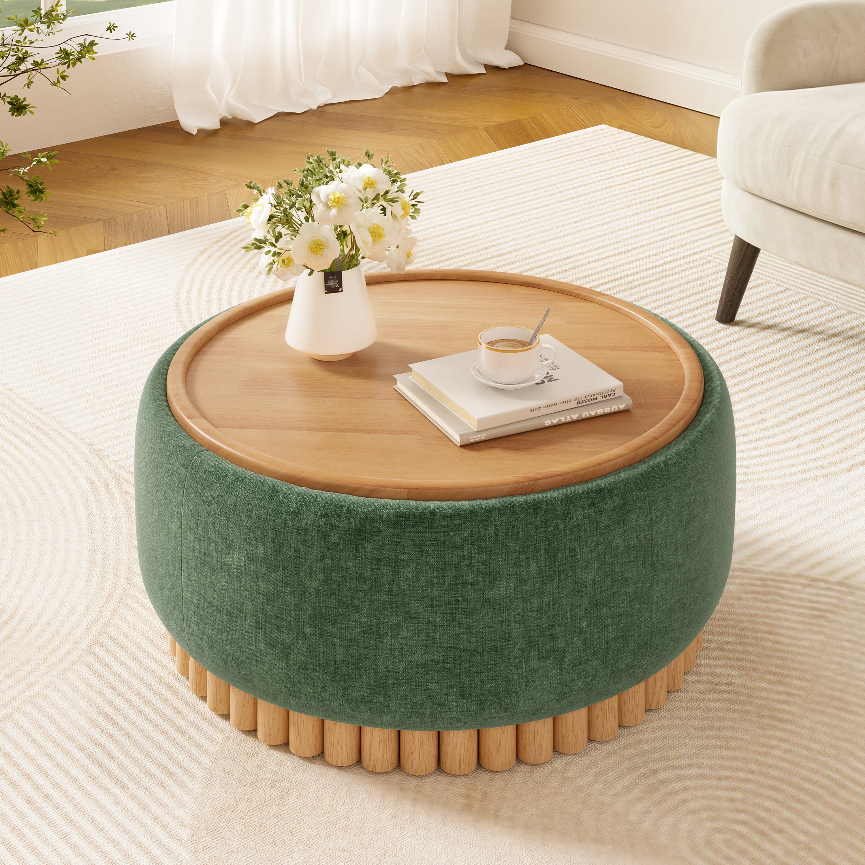 29 Inch Round Storage Ottoman Solid Rubberwood Legs Chenille, Green
