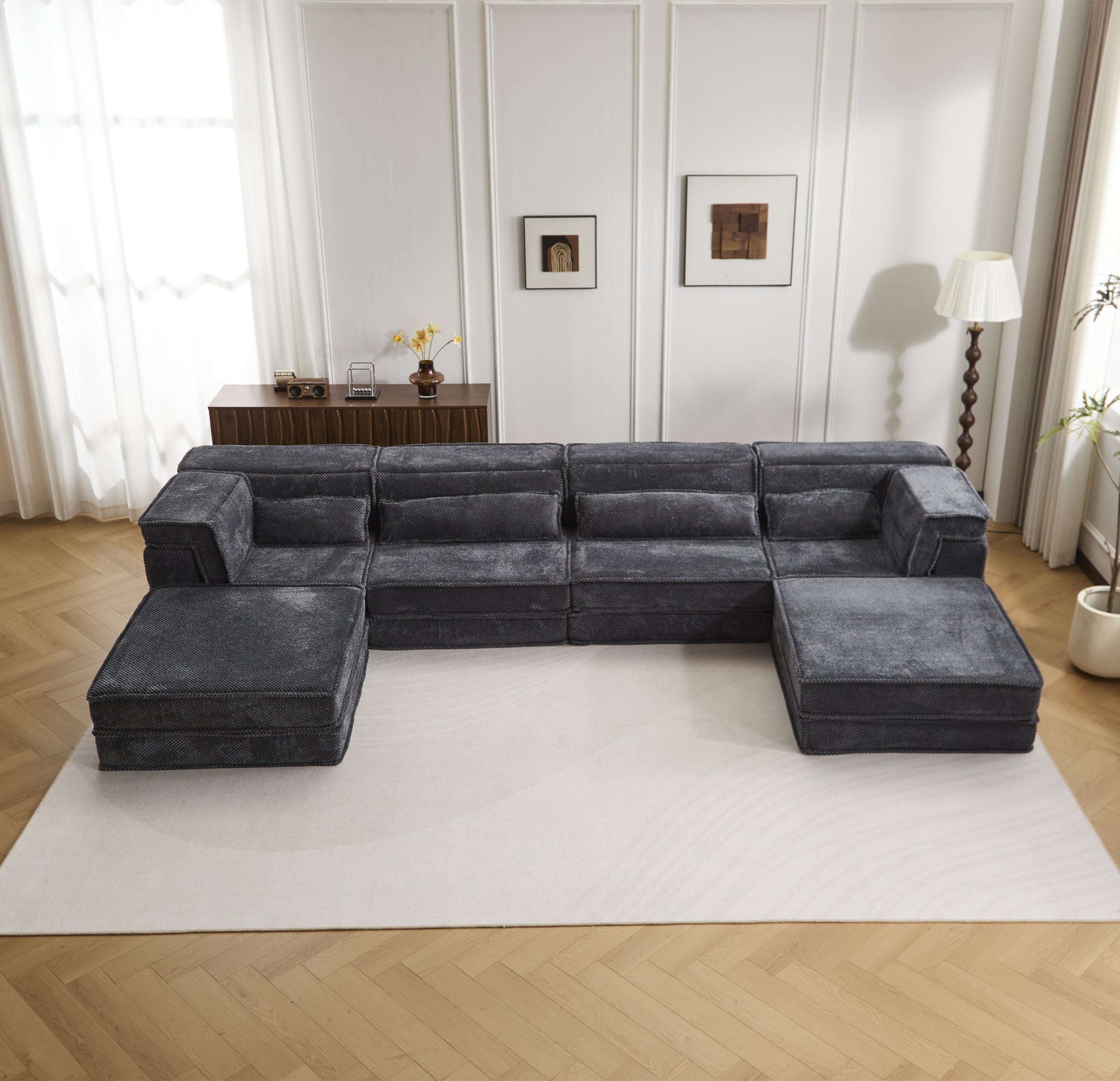 Sectional Sofa Bed Modular Circle Fleece Dark Gray 4 Seat 157 In Convertible