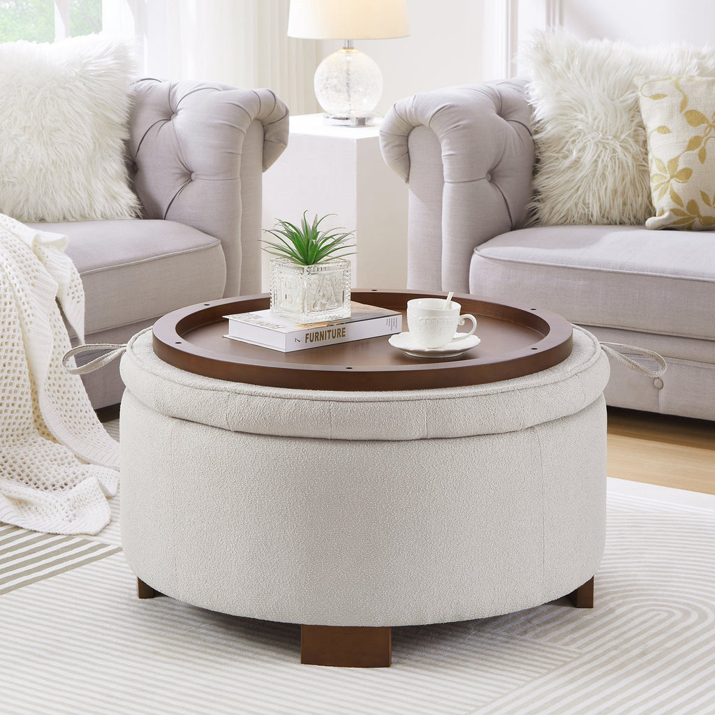 Round Storage Ottoman with Reversible Lid, Boucle Fabric Upholstered, Beige