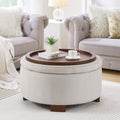 Round Storage Ottoman with Reversible Lid, Boucle Fabric Upholstered, Beige