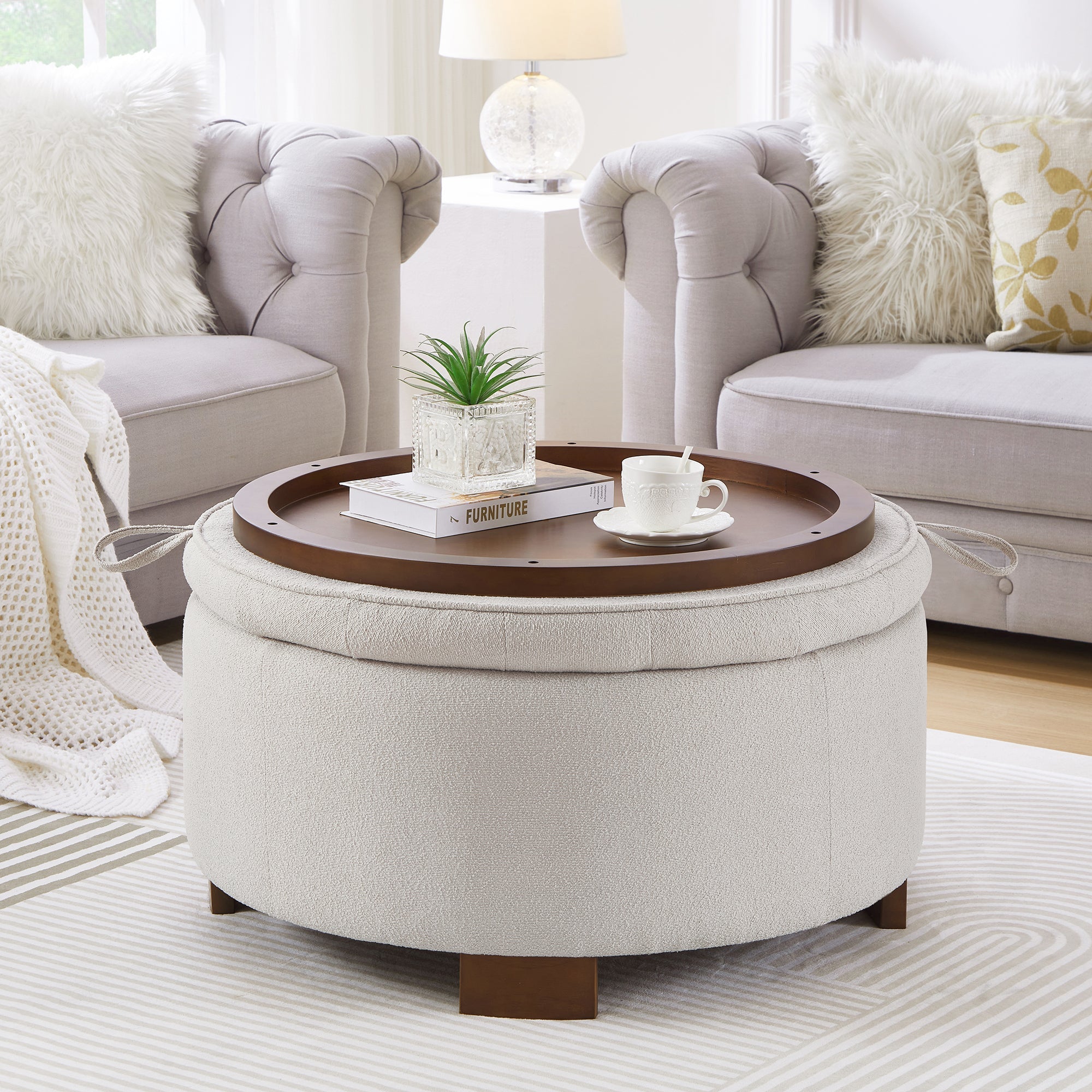 Round Storage Ottoman with Reversible Lid, Boucle Fabric Upholstered, Beige