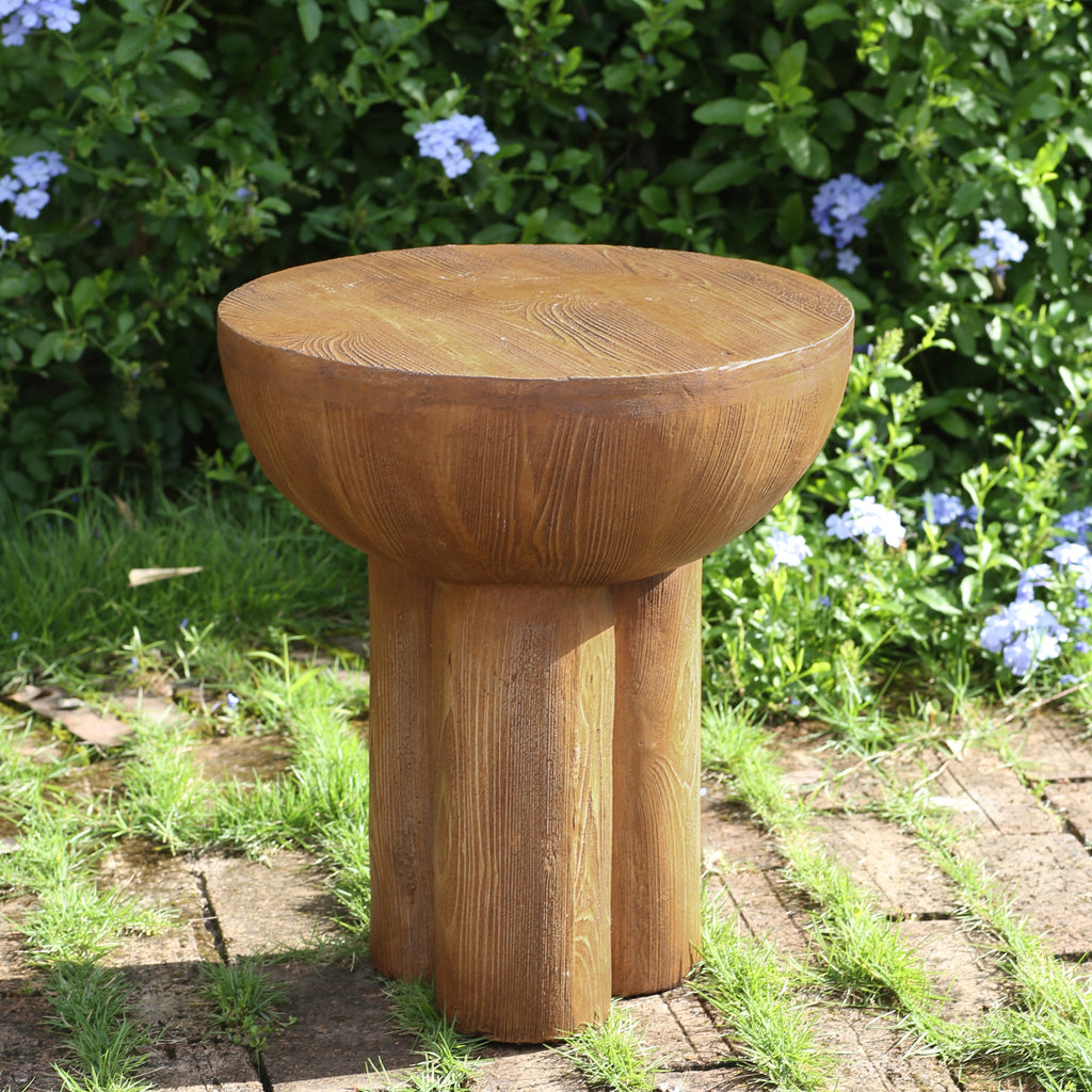 Iris Outdoor Round MGO Side Table Brown Wood-Grain Three-Leg