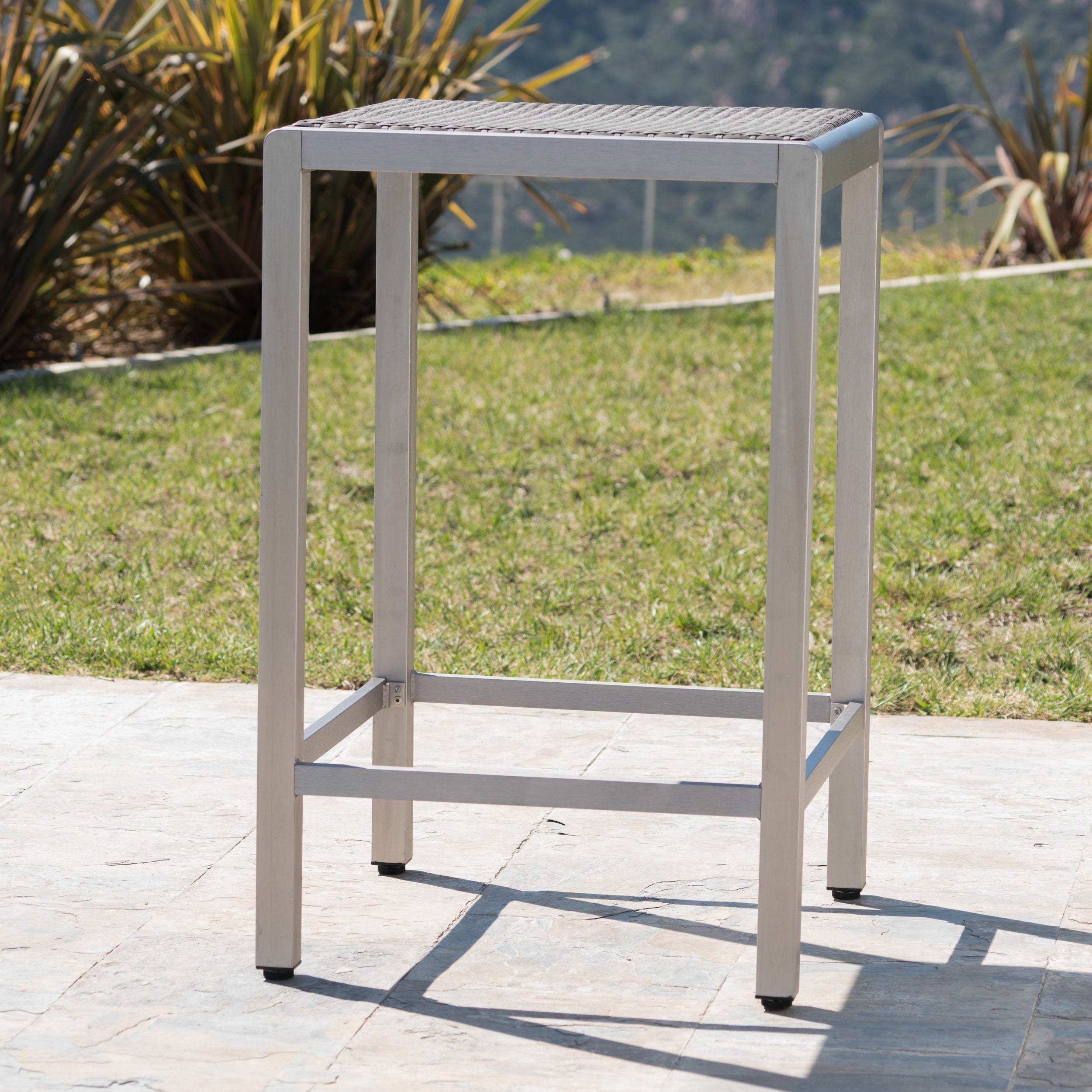 43" Outdoor Aluminum Bar Table with PE Rattan Top, Grey Silver
