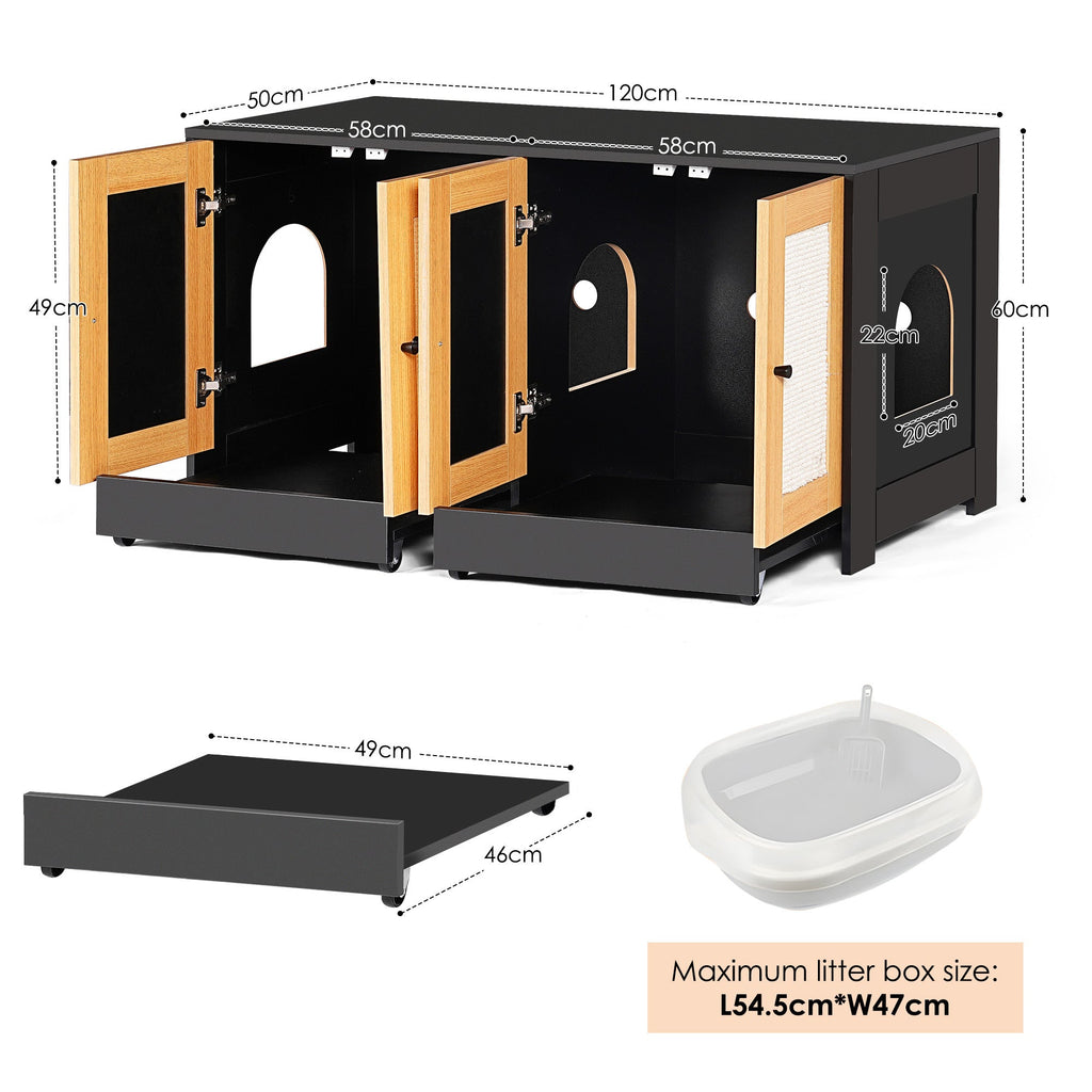 Black Double Litter Box Enclosure with Rattan Doors